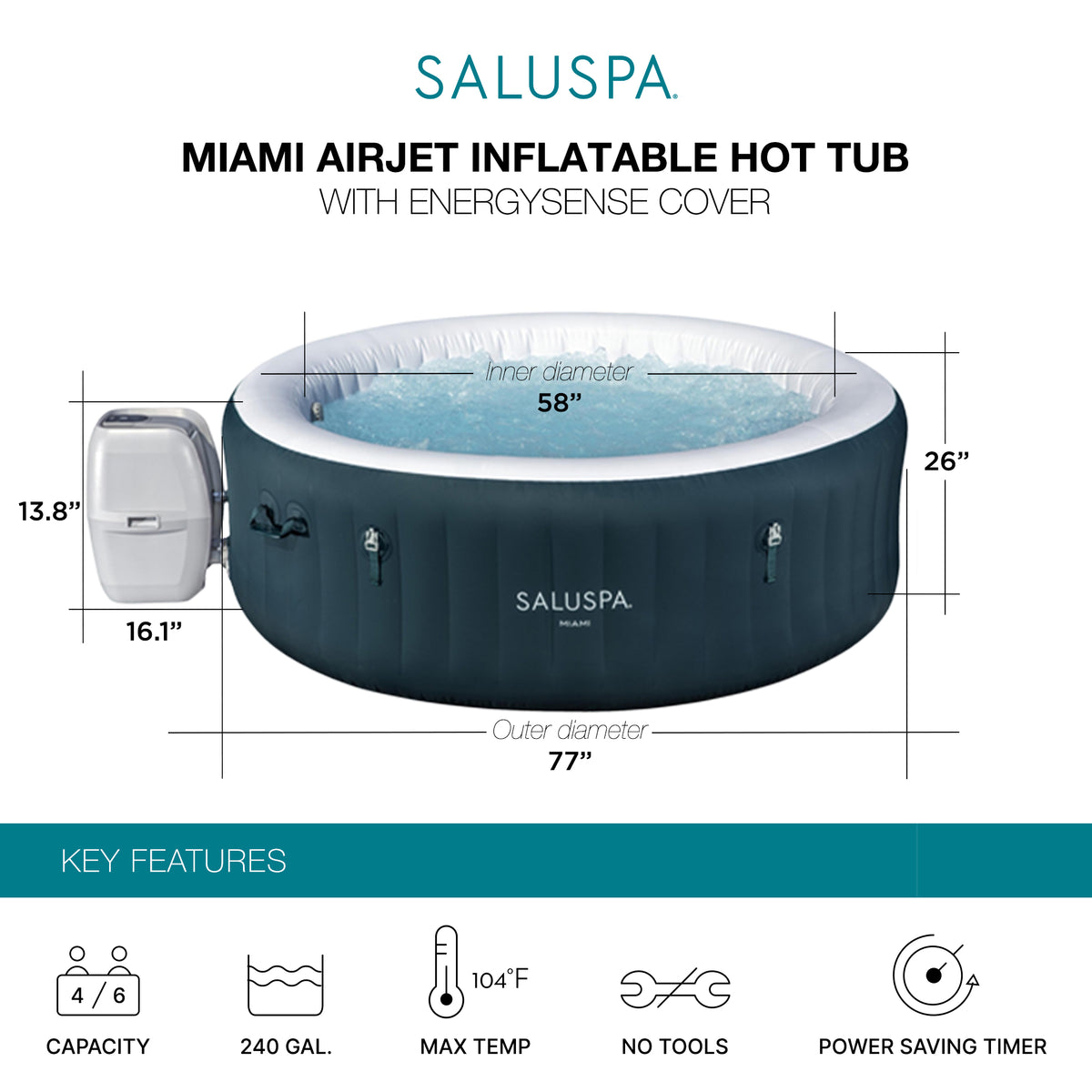 Bestway Miami AirJet 4-6 Person Inflatable Spa w/ EnergySense Cover (Open Box)