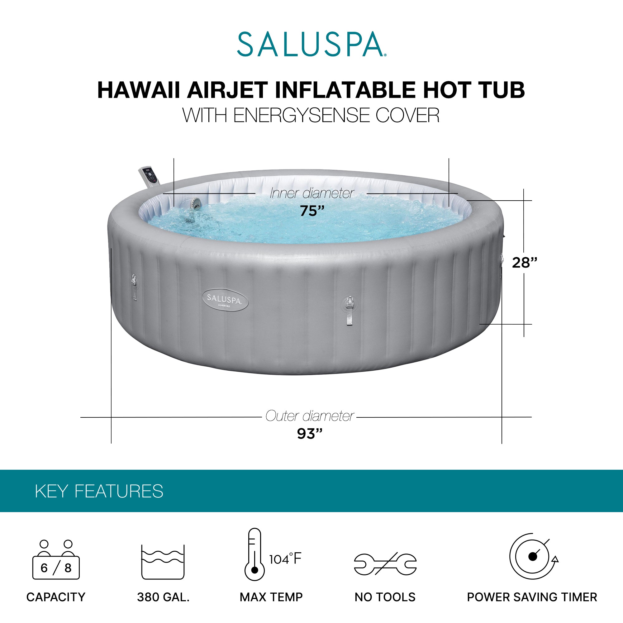 Bestway Hawaii Smart AirJet Inflatable Hot Tub with EnergySense Cover (Open Box)