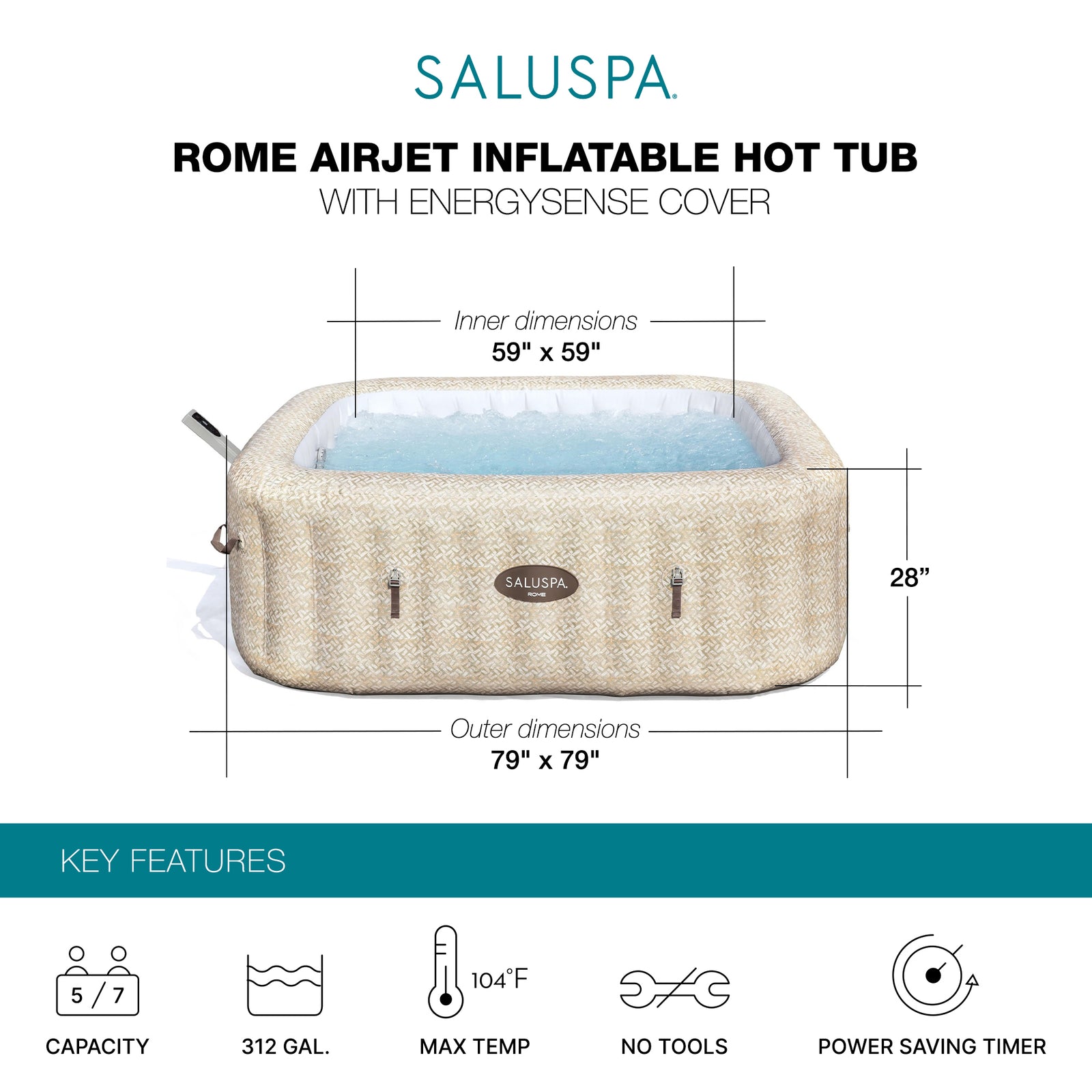 Bestway SaluSpa Rome Smart AirJet Inflatable Hot Tub with EnergySense Cover - VMInnovations
