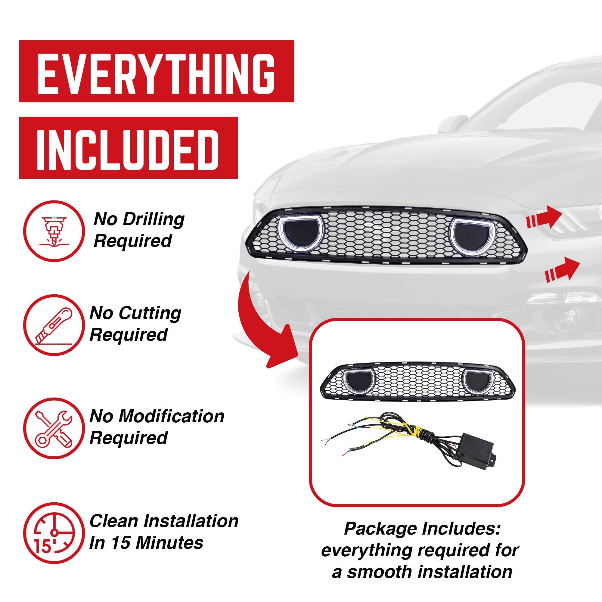 AMERICAN MODIFIED Grille for 15-17 Ford Mustang EcoBoost, GT, & V6, Matte Black - VMInnovations
