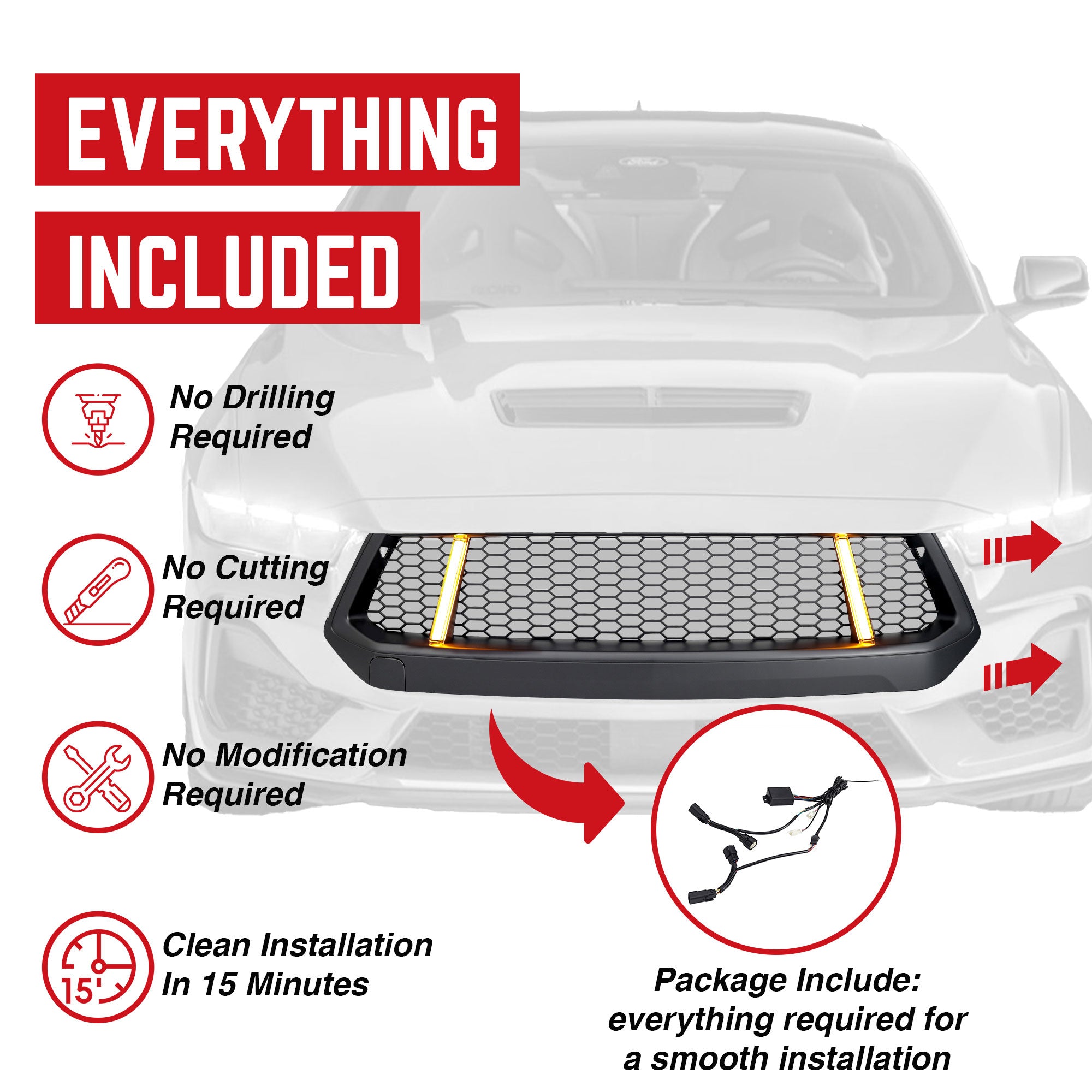 AMERICAN MODIFIED GT Style Front Grille w/LED DRL for 2024+ Mustang EcoBoost/GT - VMInnovations