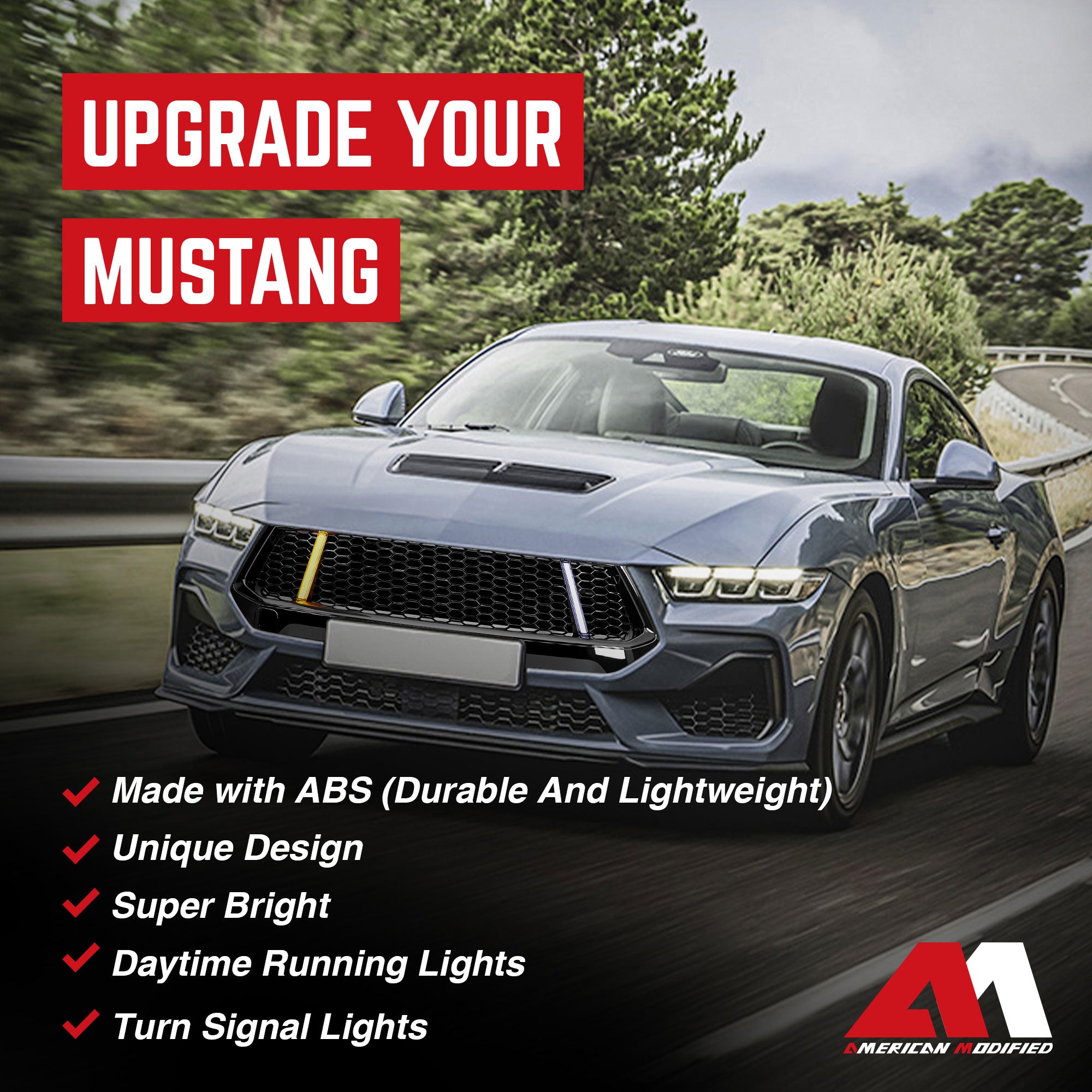 AMERICAN MODIFIED Front Grille w/LED DRL for 2024+ Mustang EcoBoost/GT(Open Box) - VMInnovations
