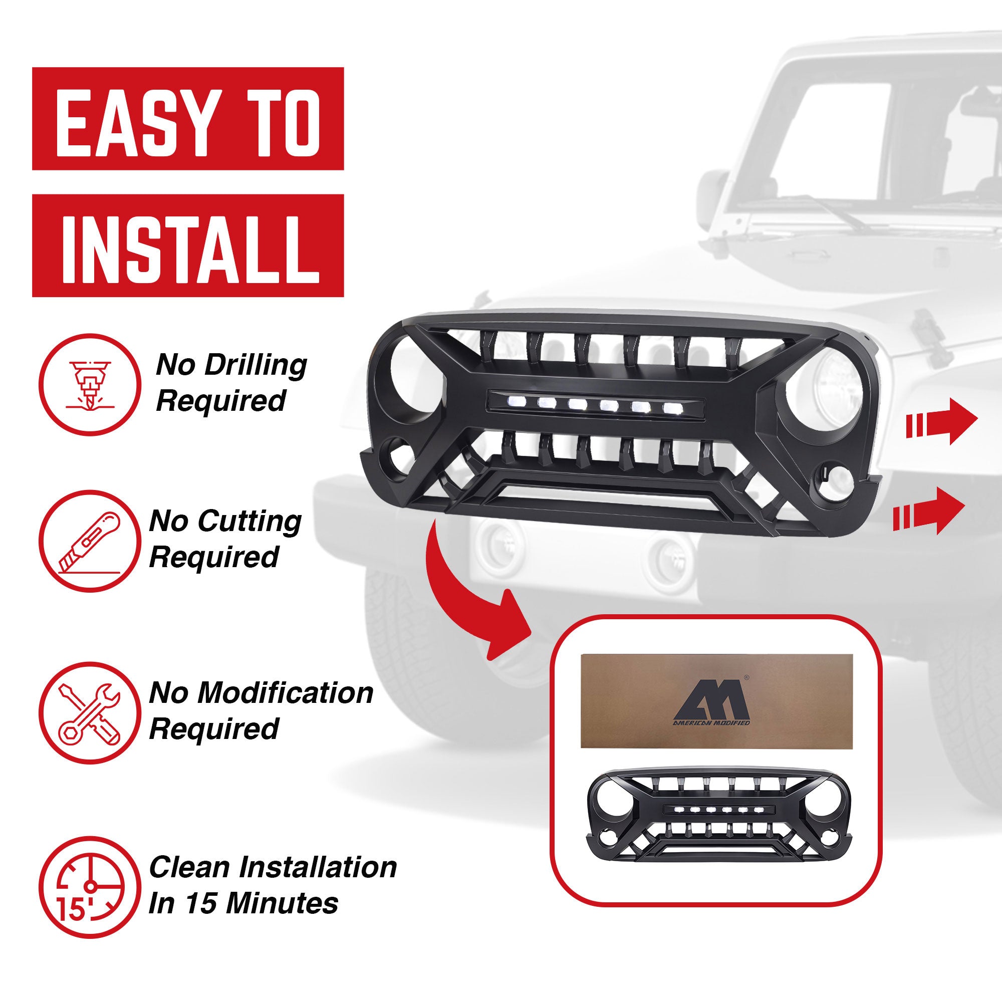 AMERICAN MODIFIED Armor Grille for 2007 to 2018 Jeep Wrangler JK, Matte Black - VMInnovations