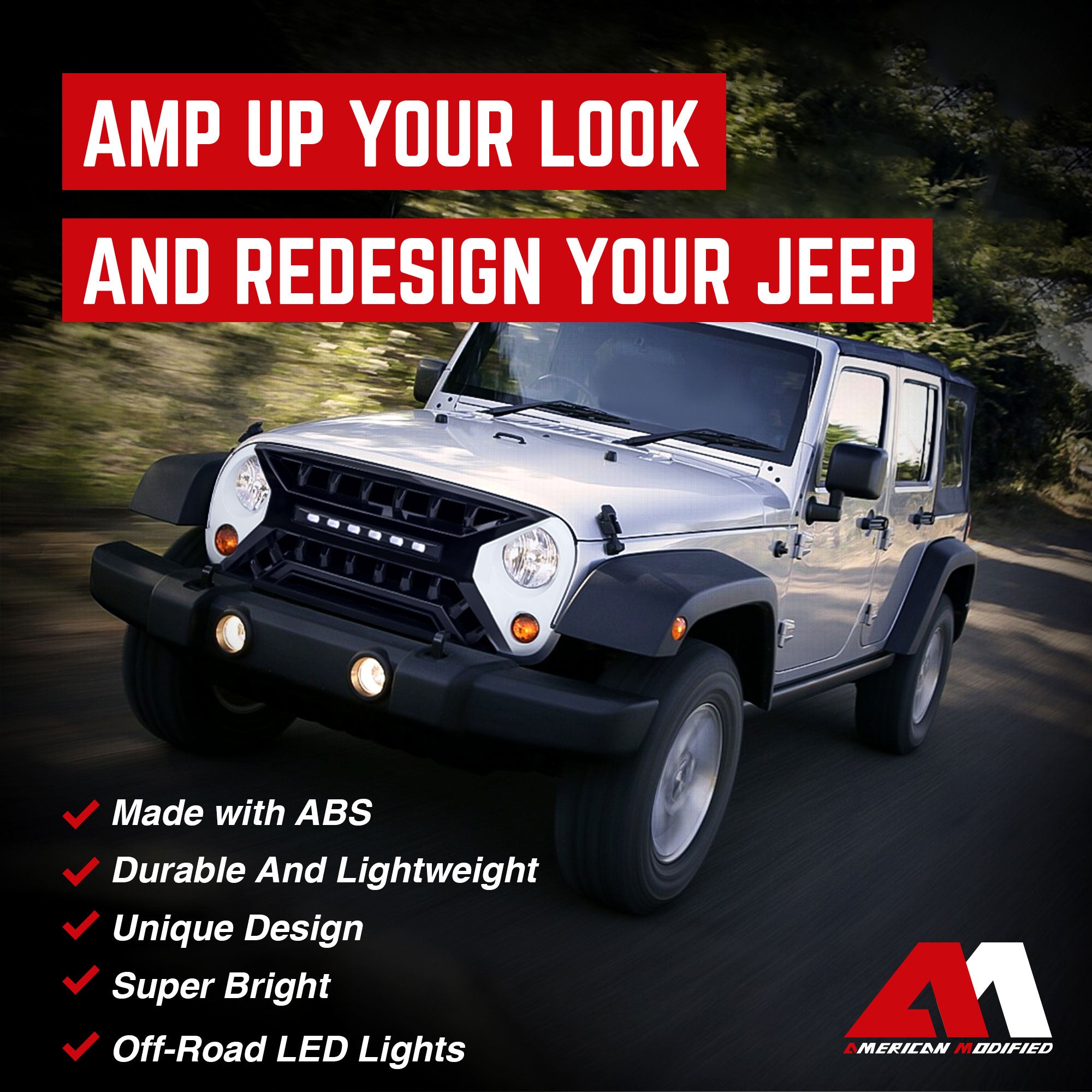AMERICAN MODIFIED Armor Grille w/Off-Road Lights, 07-18 Jeep Wrangler JK, White - VMInnovations