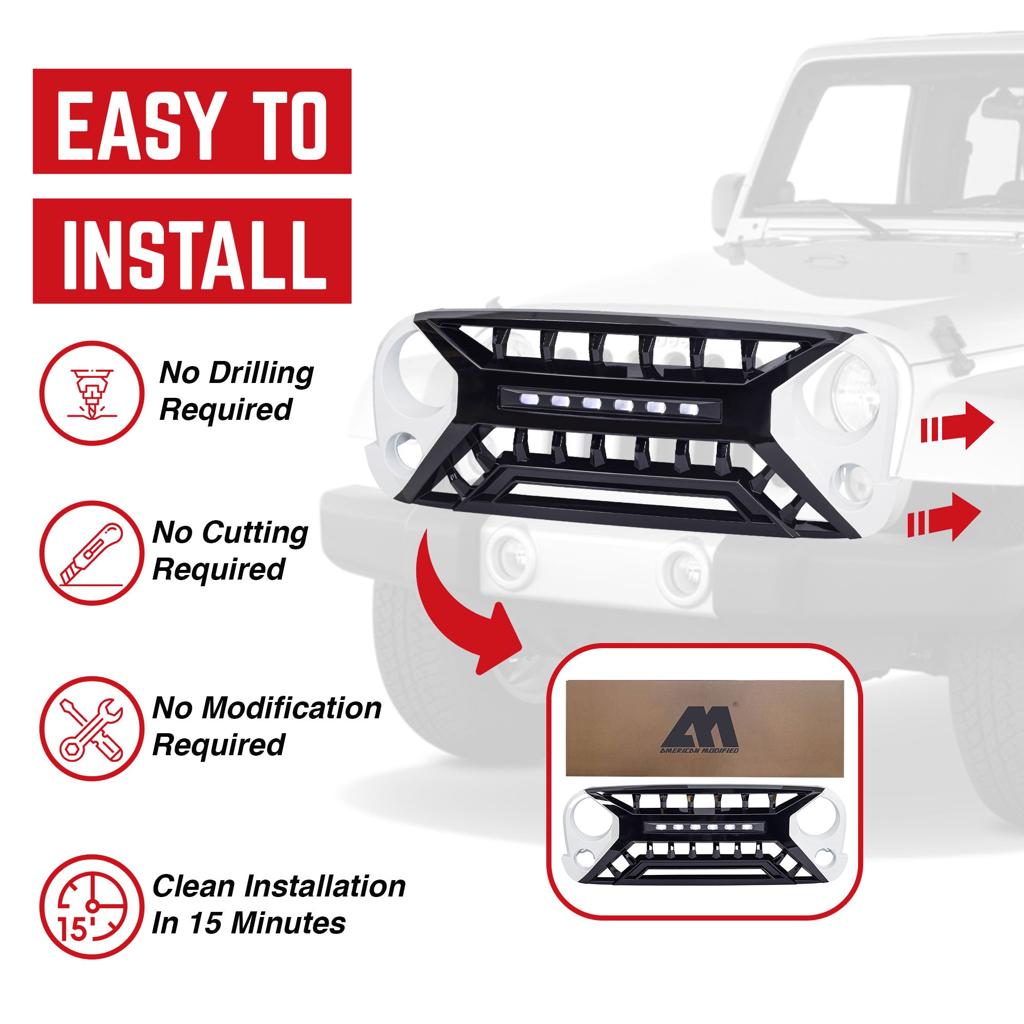 AMERICAN MODIFIED Armor Grille w/Off-Road Lights, 07-18 Jeep Wrangler JK, White - VMInnovations