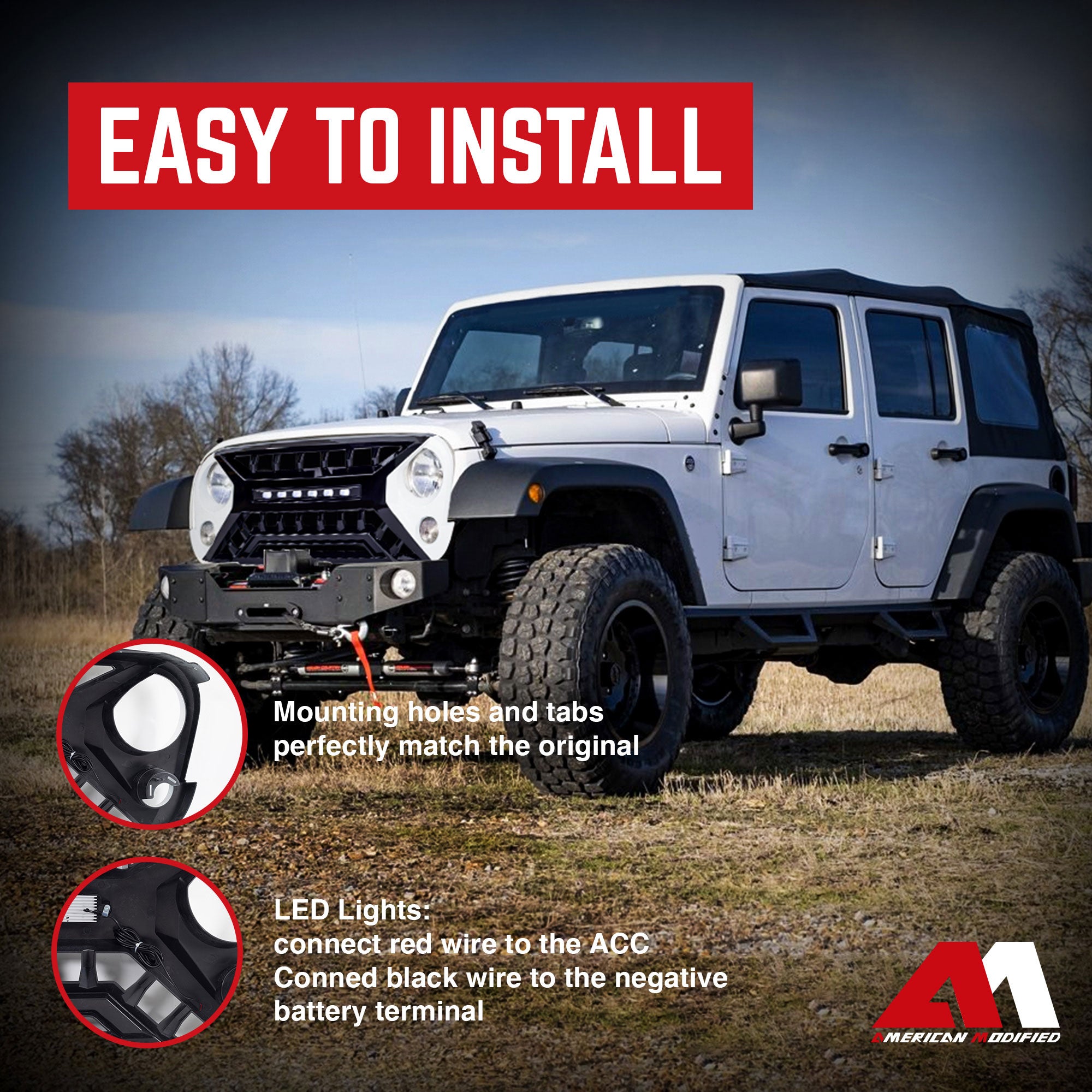 AMERICAN MODIFIED Armor Grille w/Off-Road Lights, 07-18 Jeep Wrangler JK, White - VMInnovations