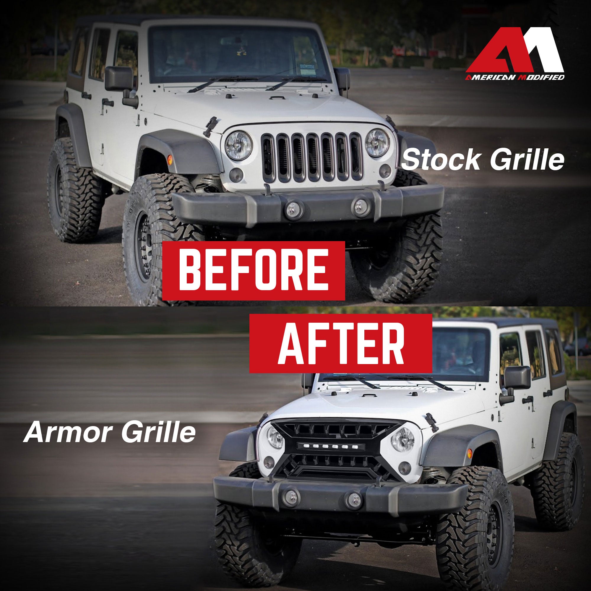 AMERICAN MODIFIED Armor Grille w/Off-Road Lights, 07-18 Jeep Wrangler JK, White - VMInnovations