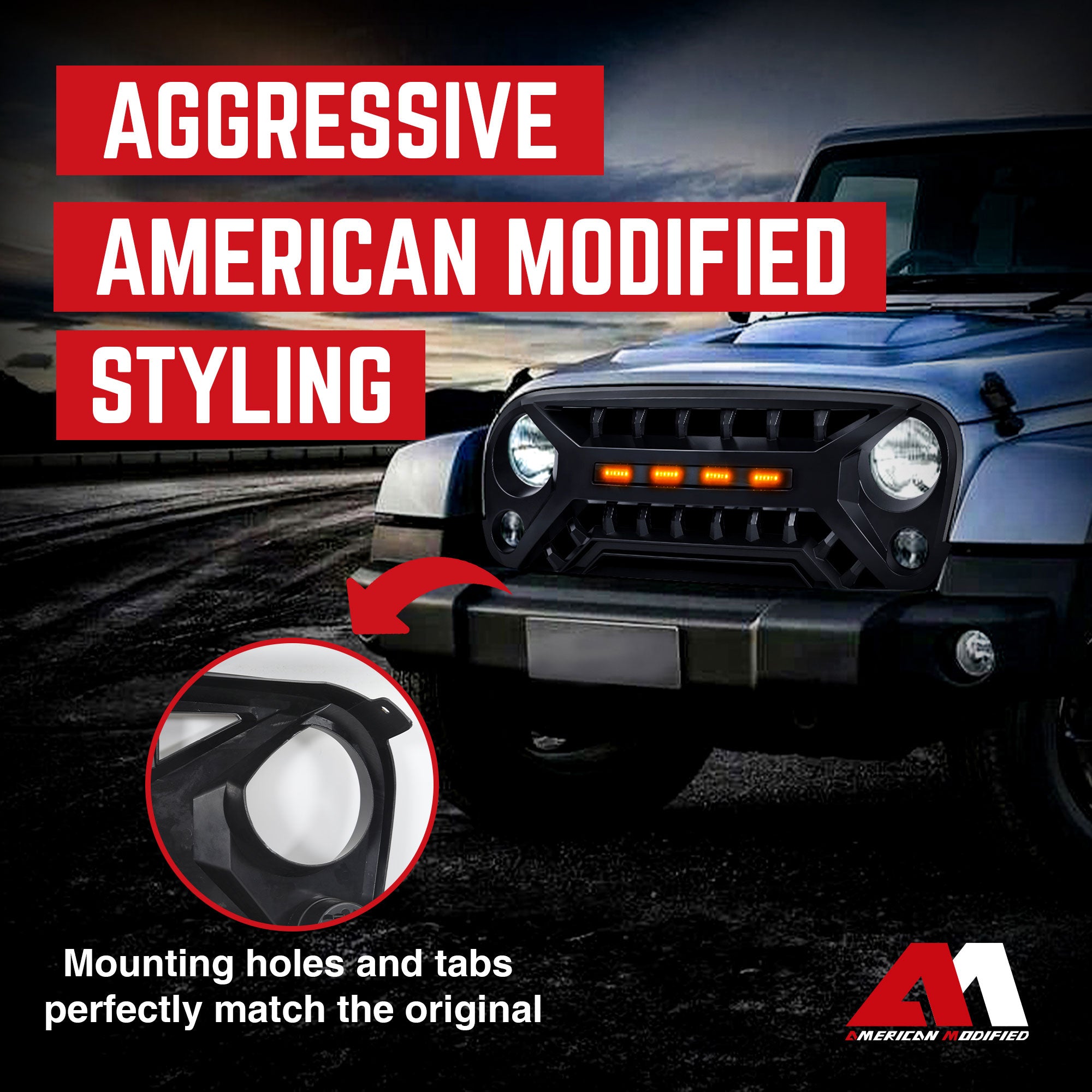 AMERICAN MODIFIED Grille w/Amber Lights, 07-08 Jeep Wrangler JK, Black(Open Box) - VMInnovations