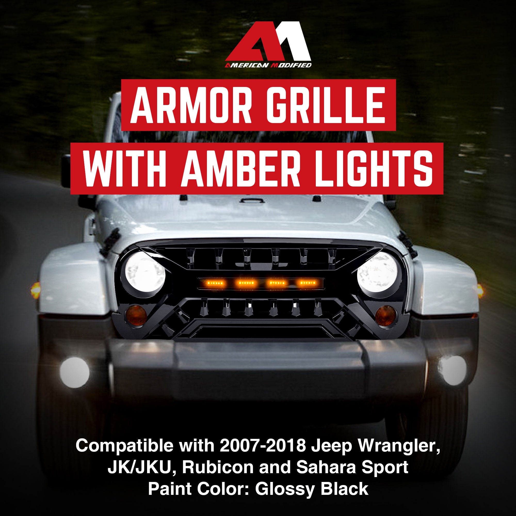 AMERICAN MODIFIED Armor Grille 07-18 Jeep Wrangler w/Amber LED, Black (Open Box)