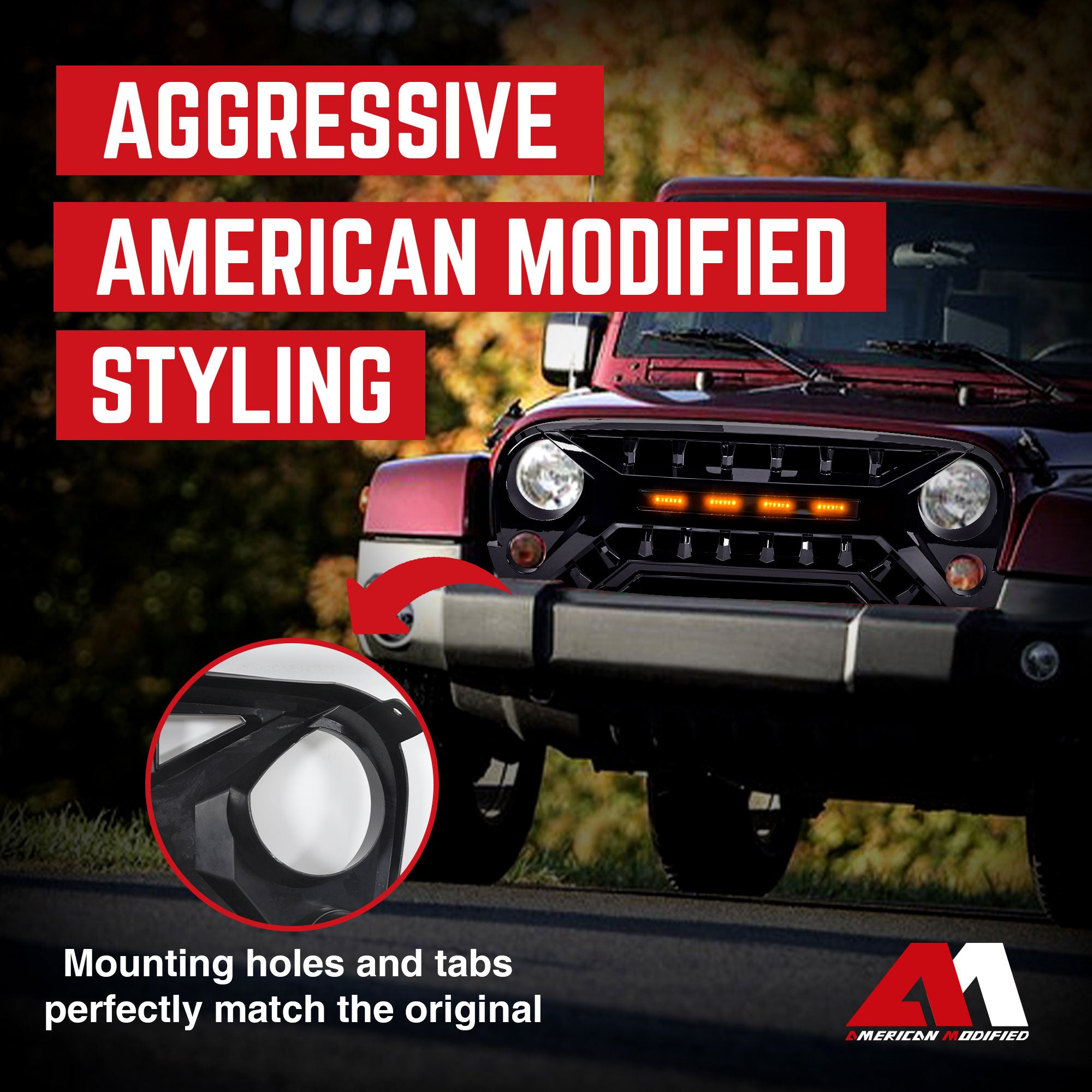 AMERICAN MODIFIED Armor Grille 07-18 Jeep Wrangler JK w/ Amber LED, Glossy Black - VMInnovations