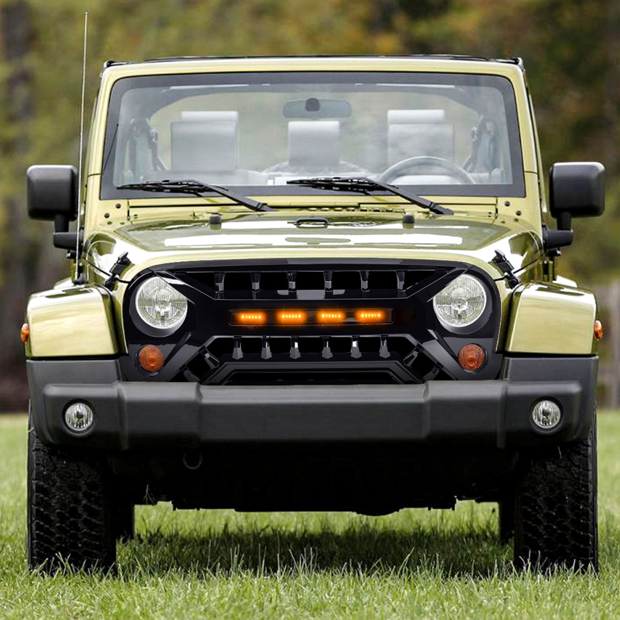 AMERICAN MODIFIED Armor Grille 07-18 Jeep Wrangler JK w/ Amber LED, Glossy Black - VMInnovations
