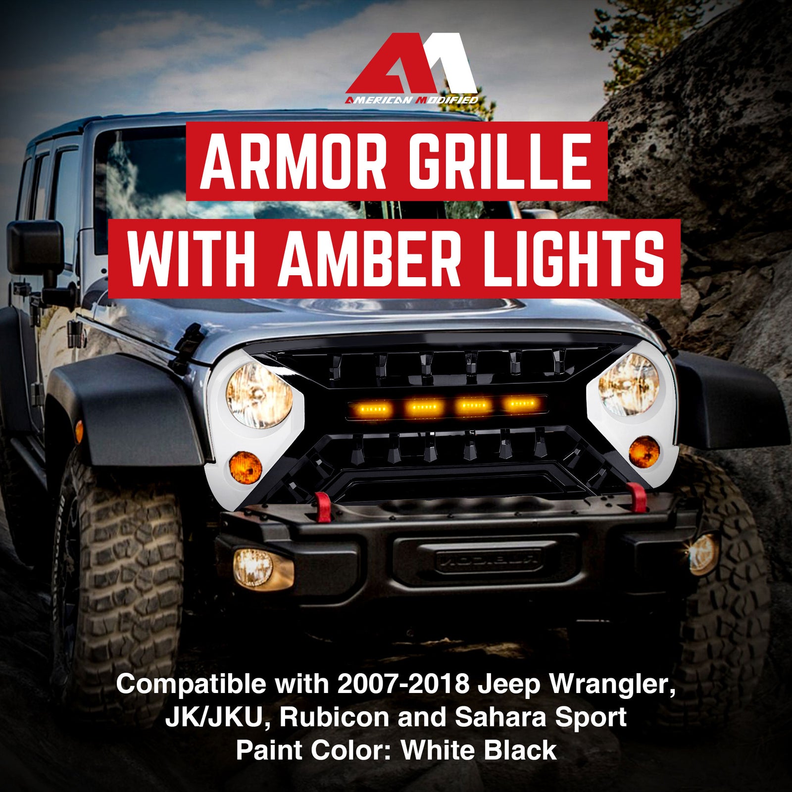 AMERICAN MODIFIED Armor Grille 07-18 Jeep Wrangler JK w/ Amber LED, White/Black - VMInnovations