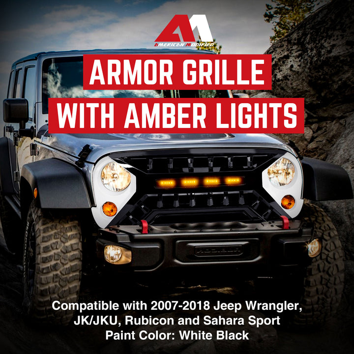 AMERICAN MODIFIED Armor Grille 07-18 Jeep Wrangler JK w/ Amber LED, White/Black - VMInnovations