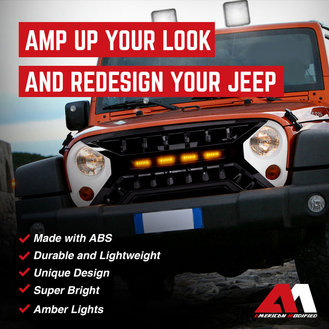 AMERICAN MODIFIED Armor Grille 07-18 Jeep Wrangler JK w/ Amber LED, White/Black - VMInnovations