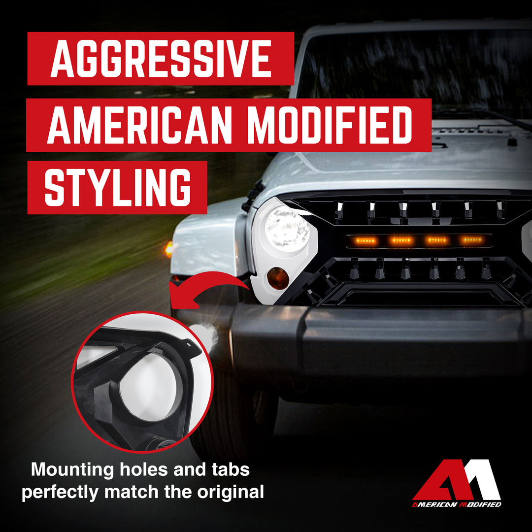 AMERICAN MODIFIED Armor Grille 07-18 Jeep Wrangler JK w/ Amber LED, White/Black - VMInnovations