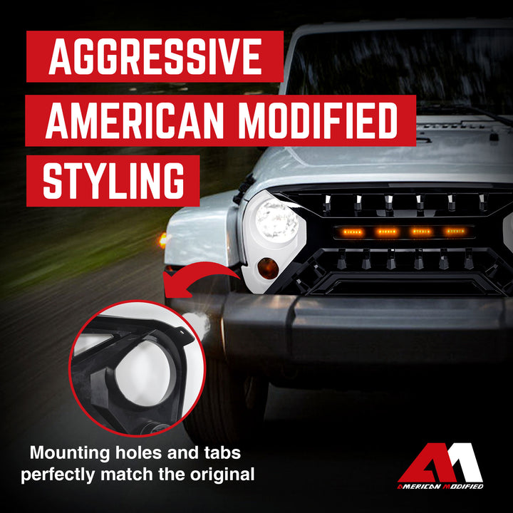 AMERICAN MODIFIED Armor Grille 07-18 Jeep Wrangler JK w/ Amber LED, White/Black - VMInnovations