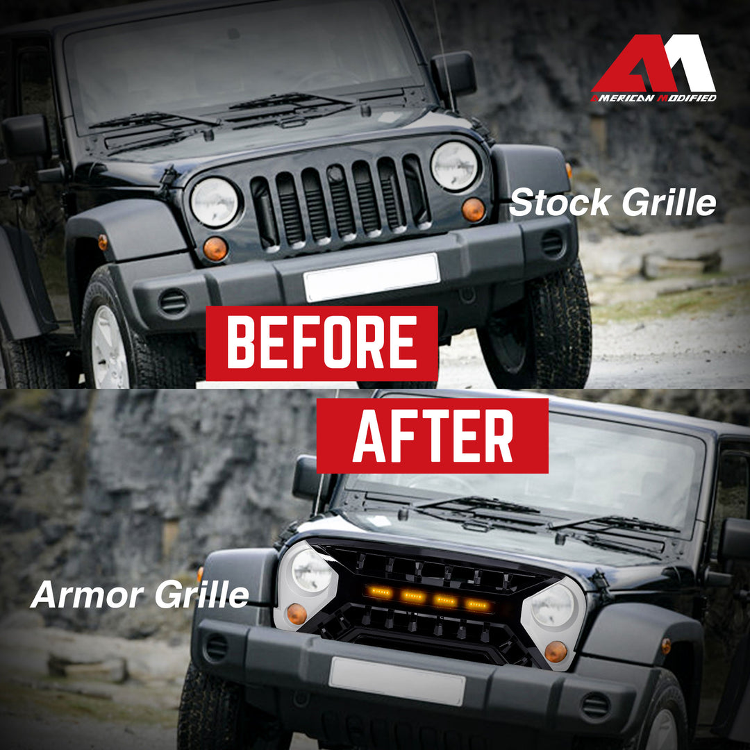 AMERICAN MODIFIED Armor Grille 07-18 Jeep Wrangler JK w/ Amber LED, White/Black - VMInnovations