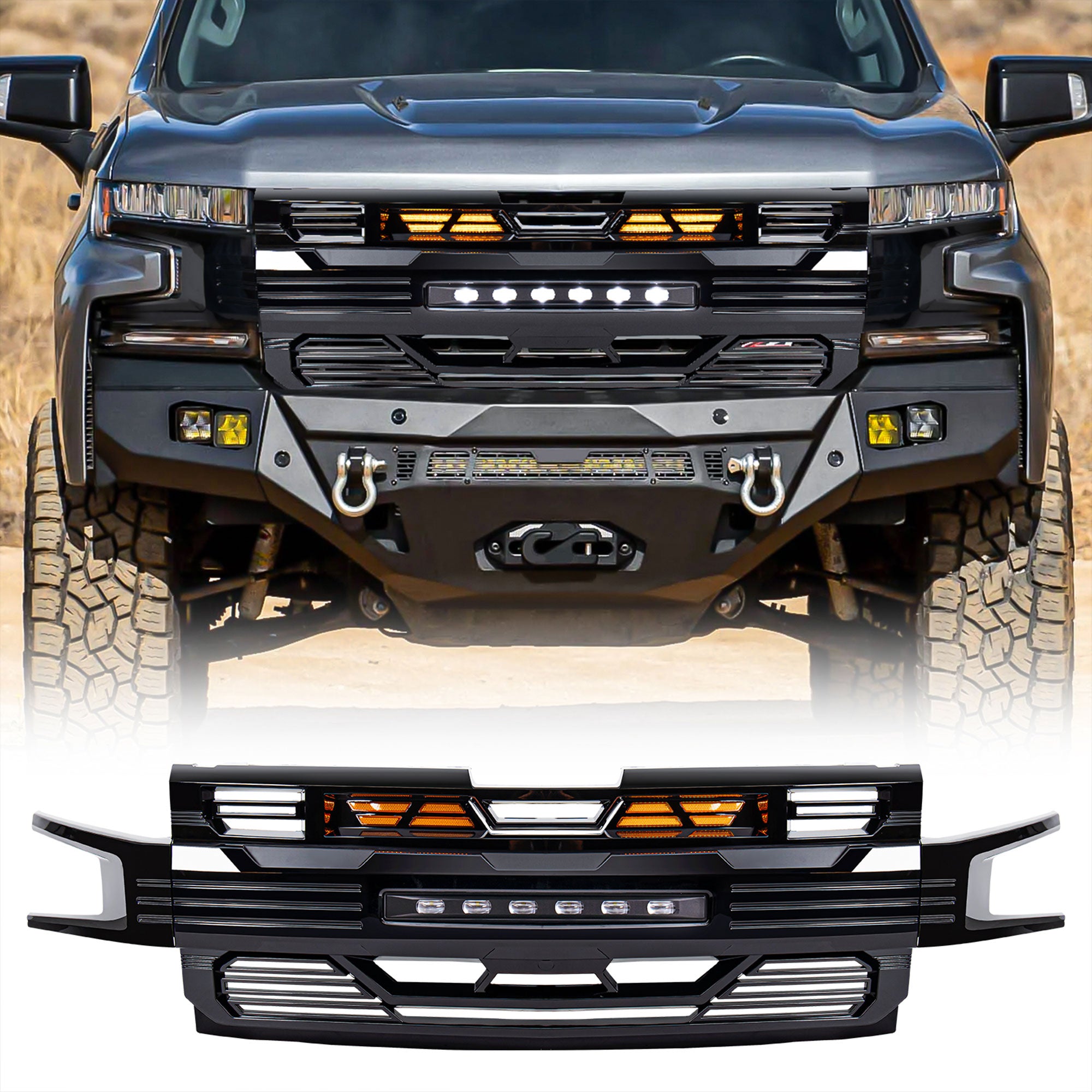 American Modified Armor Grille for 2019-2021 Chevy Silverado 1500, Glossy Black - VMInnovations