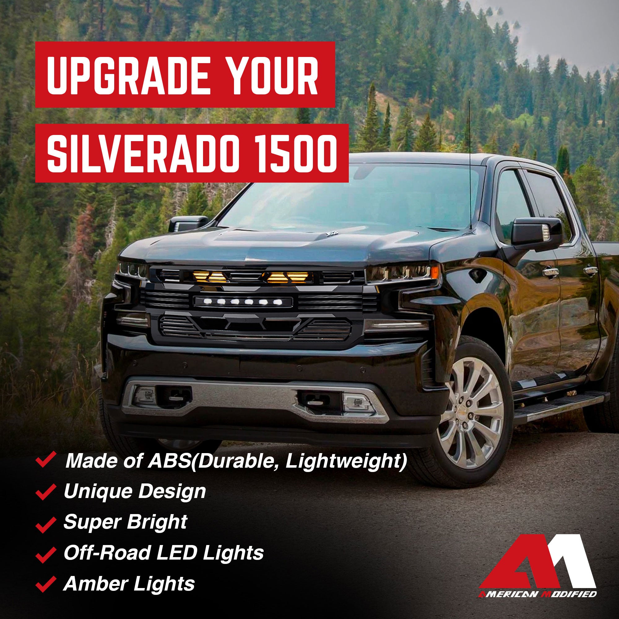 American Modified Armor Grille for 2019-2021 Chevy Silverado 1500, Glossy Black - VMInnovations