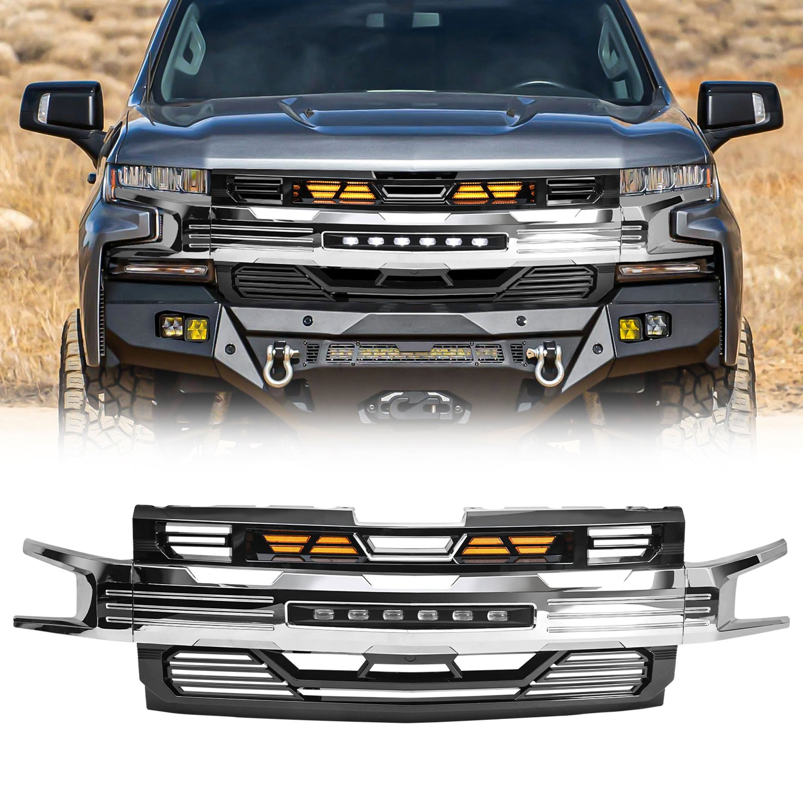 AMERICAN MODIFIED LED Grille w/ LEDs for 19-21 Chevy Silverado 1500, Chrome - VMInnovations
