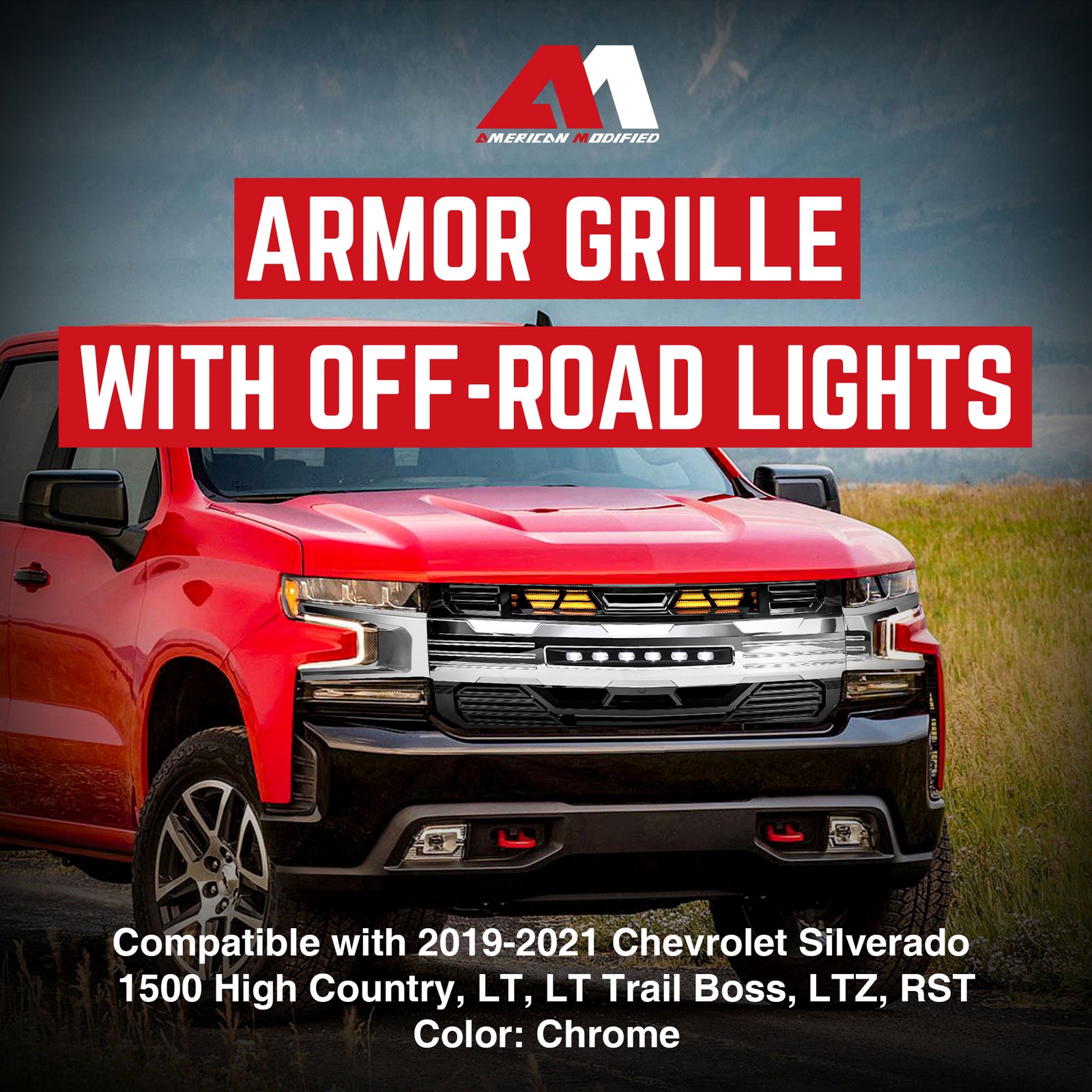 AMERICAN MODIFIED LED Grille w/ LEDs for 19-21 Chevy Silverado 1500, Chrome - VMInnovations