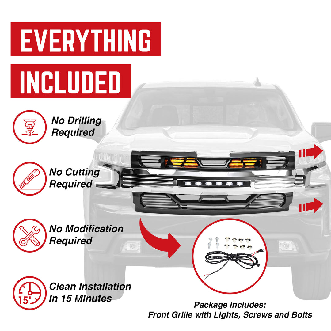 AMERICAN MODIFIED LED Grille w/ LEDs for 19-21 Chevy Silverado 1500, Chrome - VMInnovations