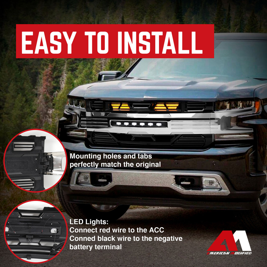 AMERICAN MODIFIED LED Grille w/ LEDs for 19-21 Chevy Silverado 1500, Chrome - VMInnovations