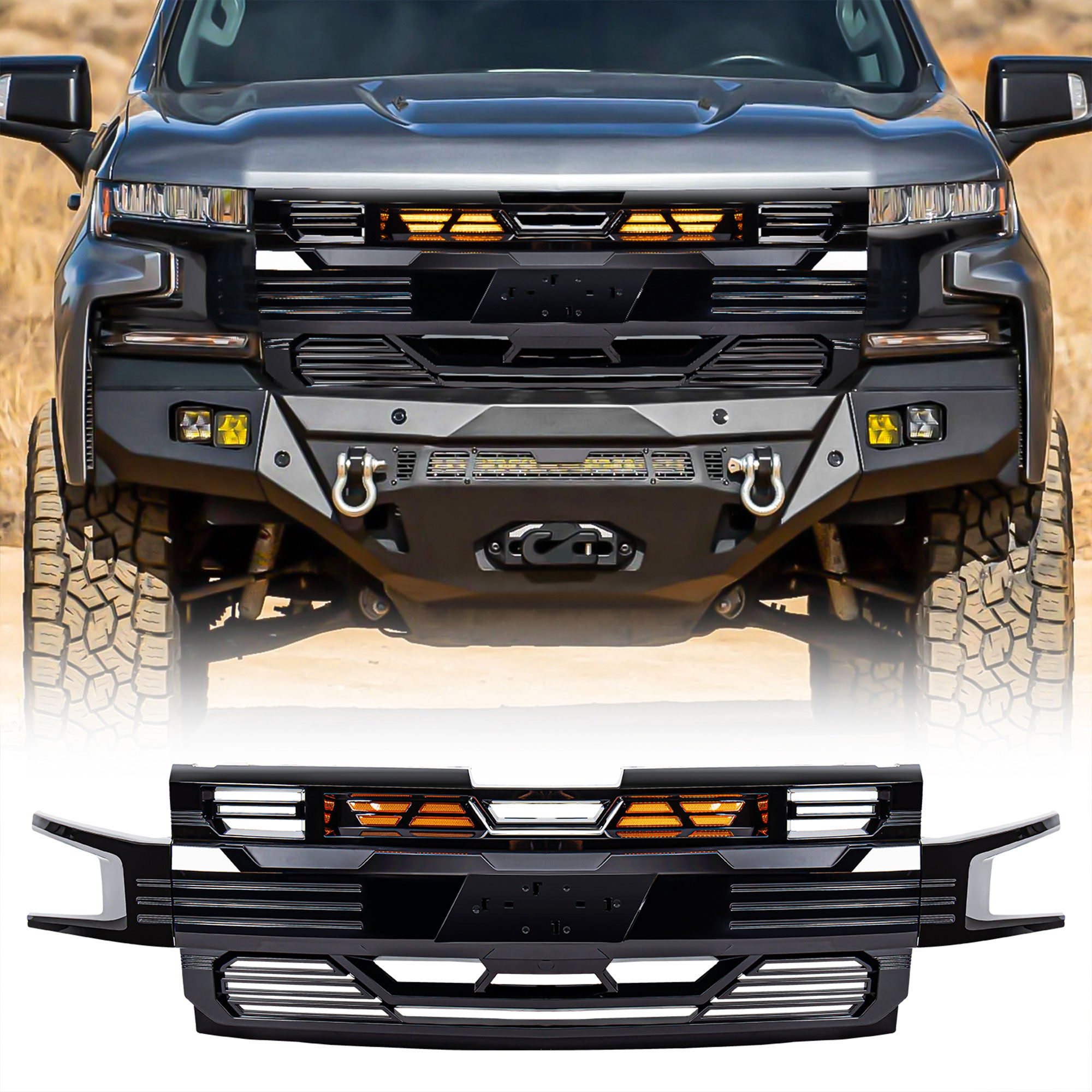 American Modified Armor Grille for 2019-2021 Chevy Silverado 1500, Glossy Black - VMInnovations
