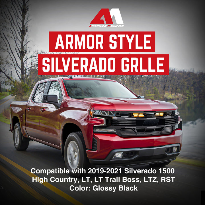 American Modified Armor Grille for 2019-2021 Chevy Silverado 1500, Glossy Black - VMInnovations