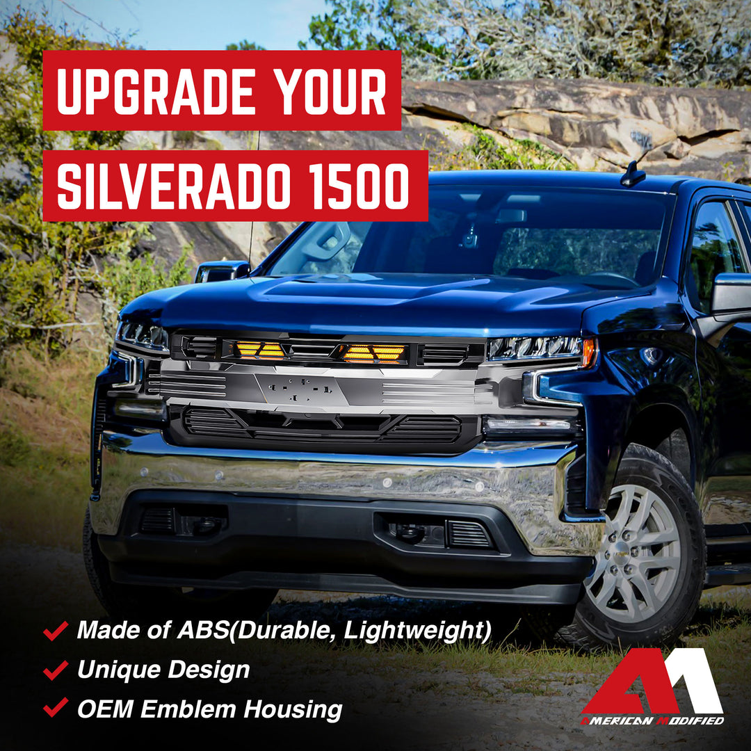 AMERICAN MODIFIED Grille w/Emblem Base for 19-21 Chevy Silverado 1500, Chrome - VMInnovations