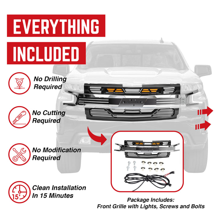 AMERICAN MODIFIED Grille w/Emblem Base for 19-21 Chevy Silverado 1500, Chrome - VMInnovations
