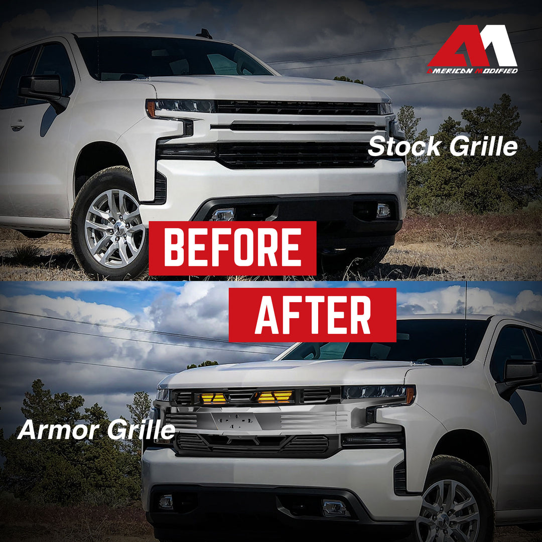 AMERICAN MODIFIED Grille w/Emblem Base for 19-21 Chevy Silverado 1500, Chrome - VMInnovations