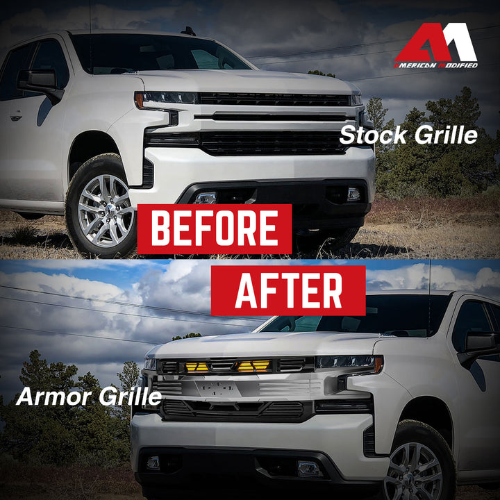 AMERICAN MODIFIED Grille w/Emblem Base for 19-21 Chevy Silverado 1500, Chrome - VMInnovations
