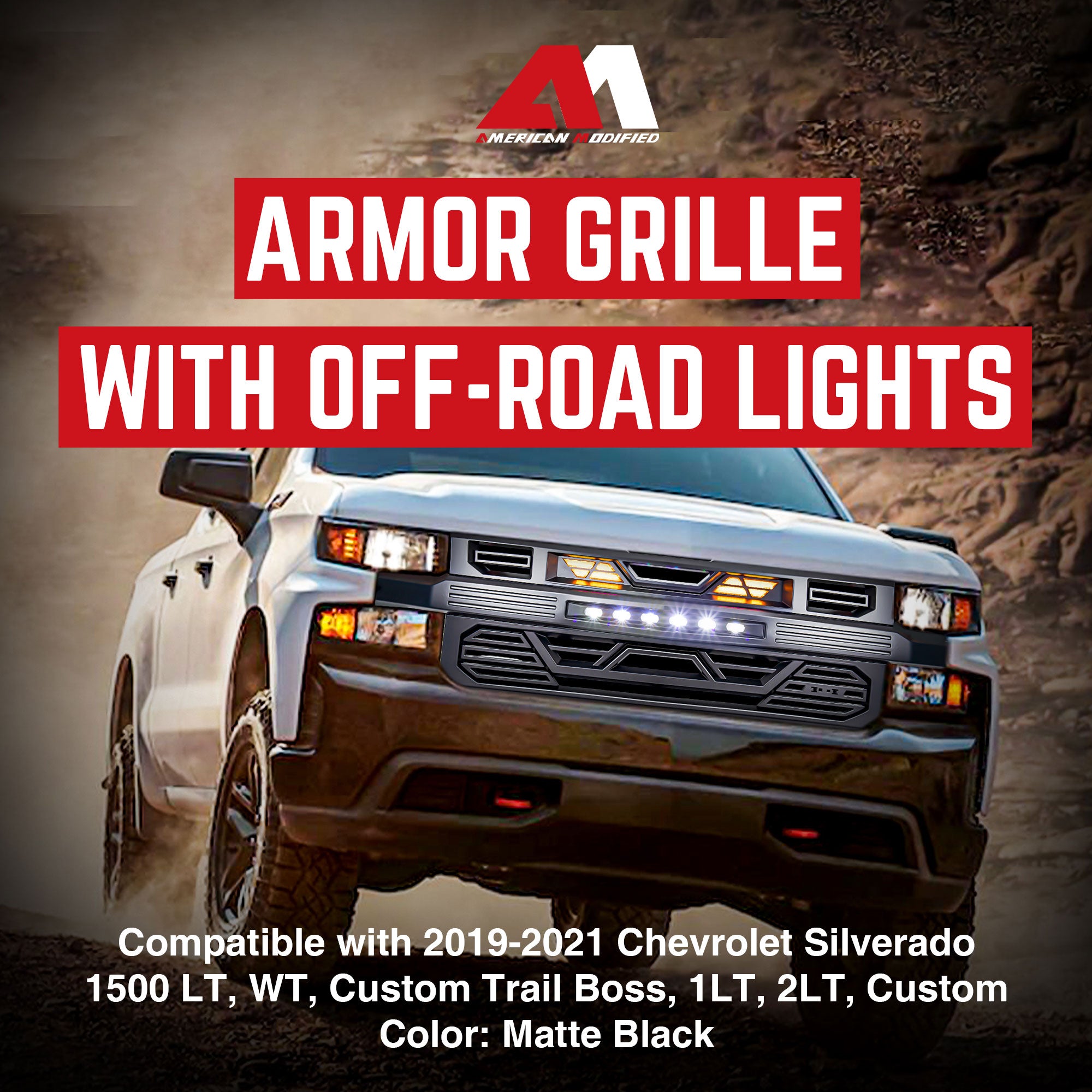 AMERICAN MODIFIED Grille w/ Lights for 19-21 Chevy Silverado 1500, Matte Black - VMInnovations