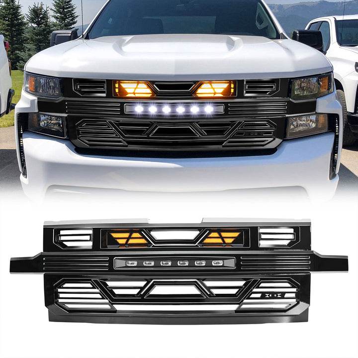 AMERICAN MODIFIED Grille w/ Lights for 19-21 Chevy Silverado 1500, Glossy Black - VMInnovations
