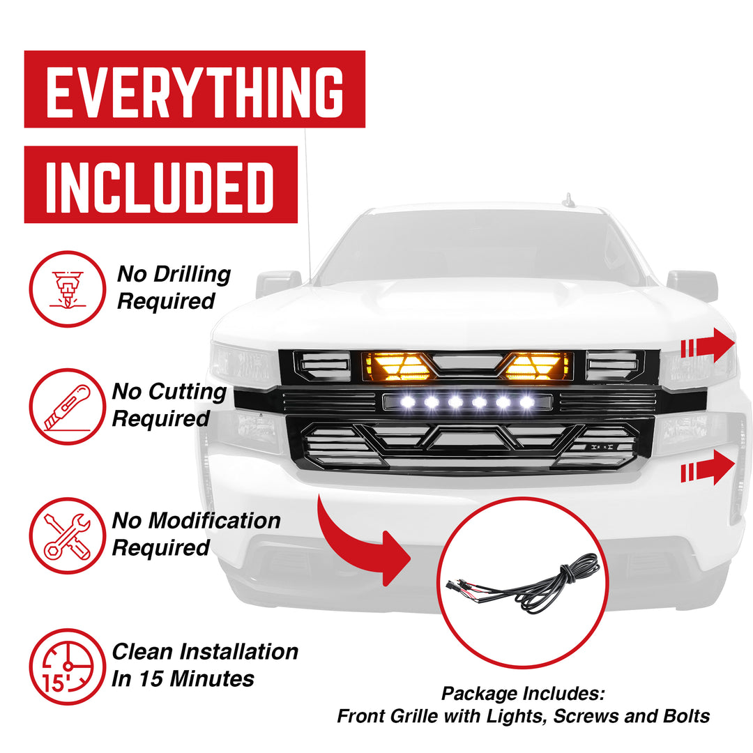 AMERICAN MODIFIED Grille w/ Lights for 19-21 Chevy Silverado 1500, Glossy Black - VMInnovations