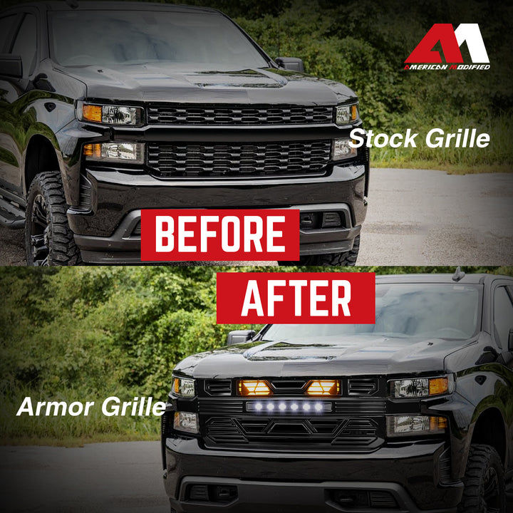 AMERICAN MODIFIED Grille w/ Lights for 19-21 Chevy Silverado 1500, Glossy Black - VMInnovations