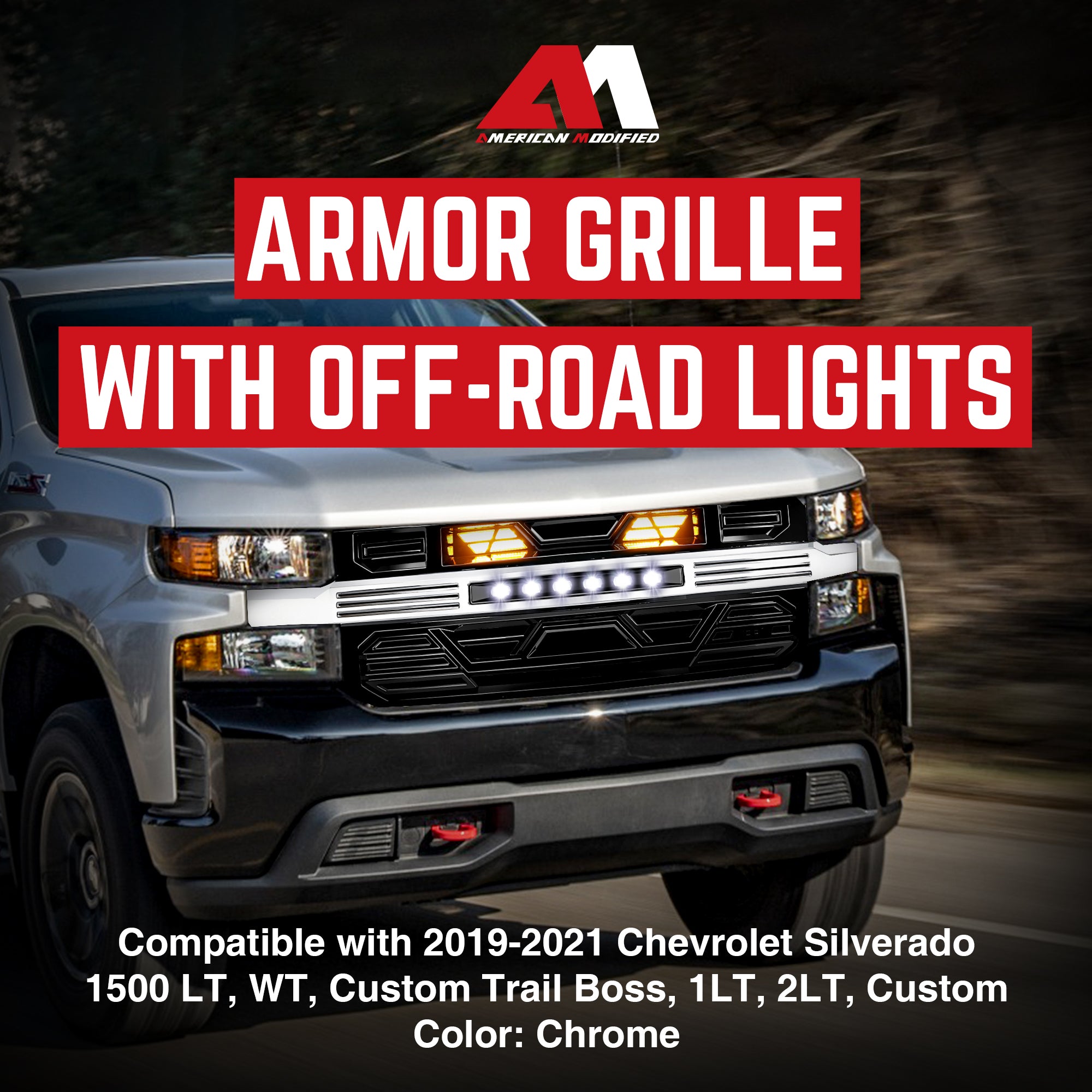 AMERICAN MODIFIED Armor Grille w/ Lights for 19-21 Chevy Silverado 1500, Chrome - VMInnovations