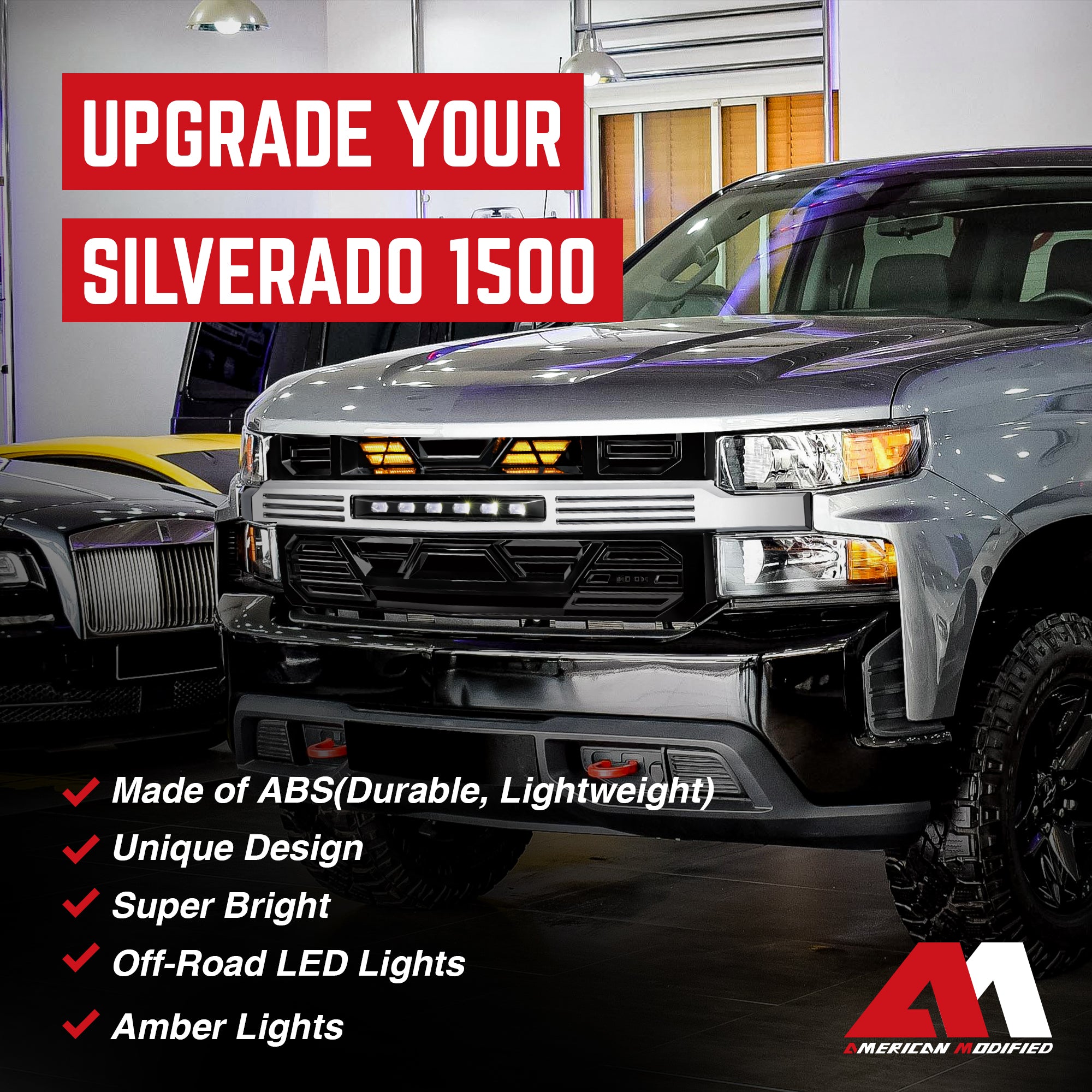 AMERICAN MODIFIED Armor Grille w/ Lights for 19-21 Chevy Silverado 1500, Chrome - VMInnovations