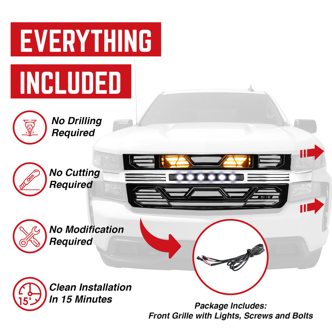 AMERICAN MODIFIED Armor Grille w/ Lights for 19-21 Chevy Silverado 1500, Chrome - VMInnovations