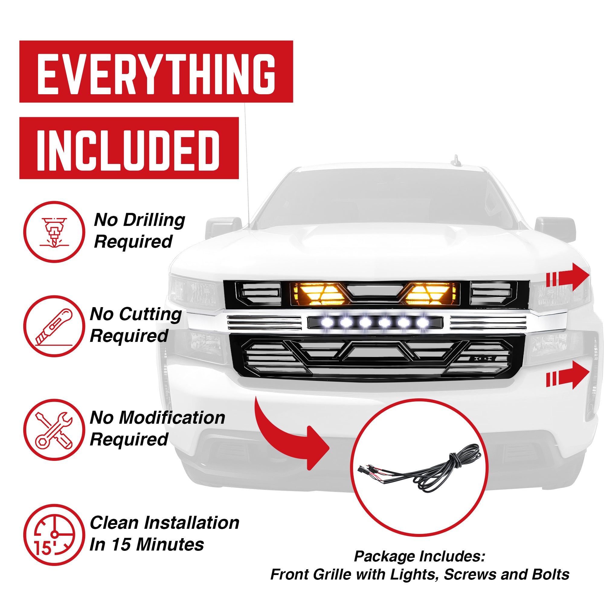 AMERICAN MODIFIED Armor Grille w/ Lights for 19-21 Chevy Silverado 1500, Chrome - VMInnovations