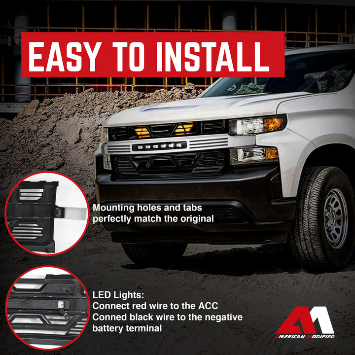 AMERICAN MODIFIED Armor Grille w/ Lights for 19-21 Chevy Silverado 1500, Chrome - VMInnovations