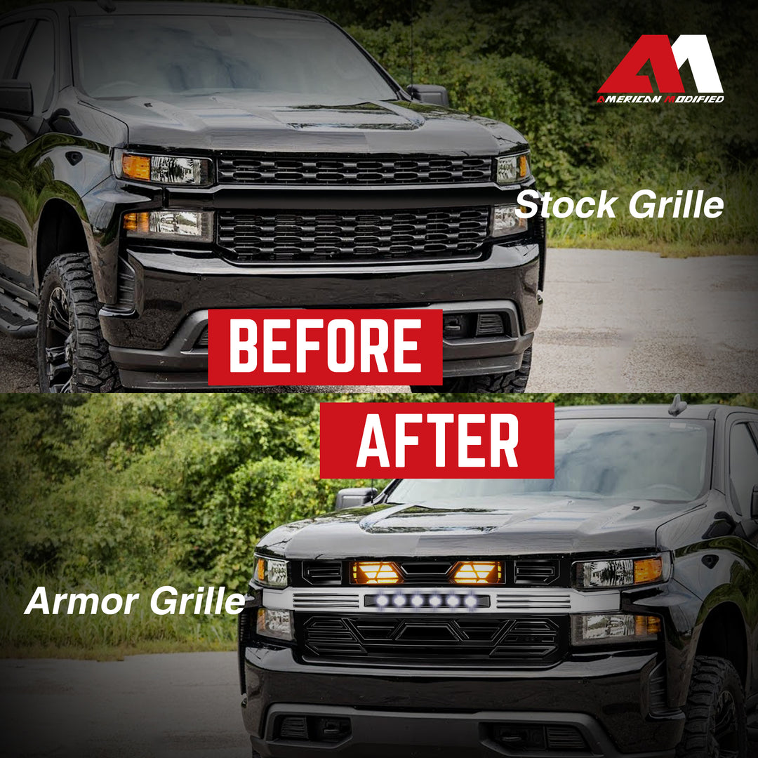 AMERICAN MODIFIED Armor Grille w/ Lights for 19-21 Chevy Silverado 1500, Chrome - VMInnovations