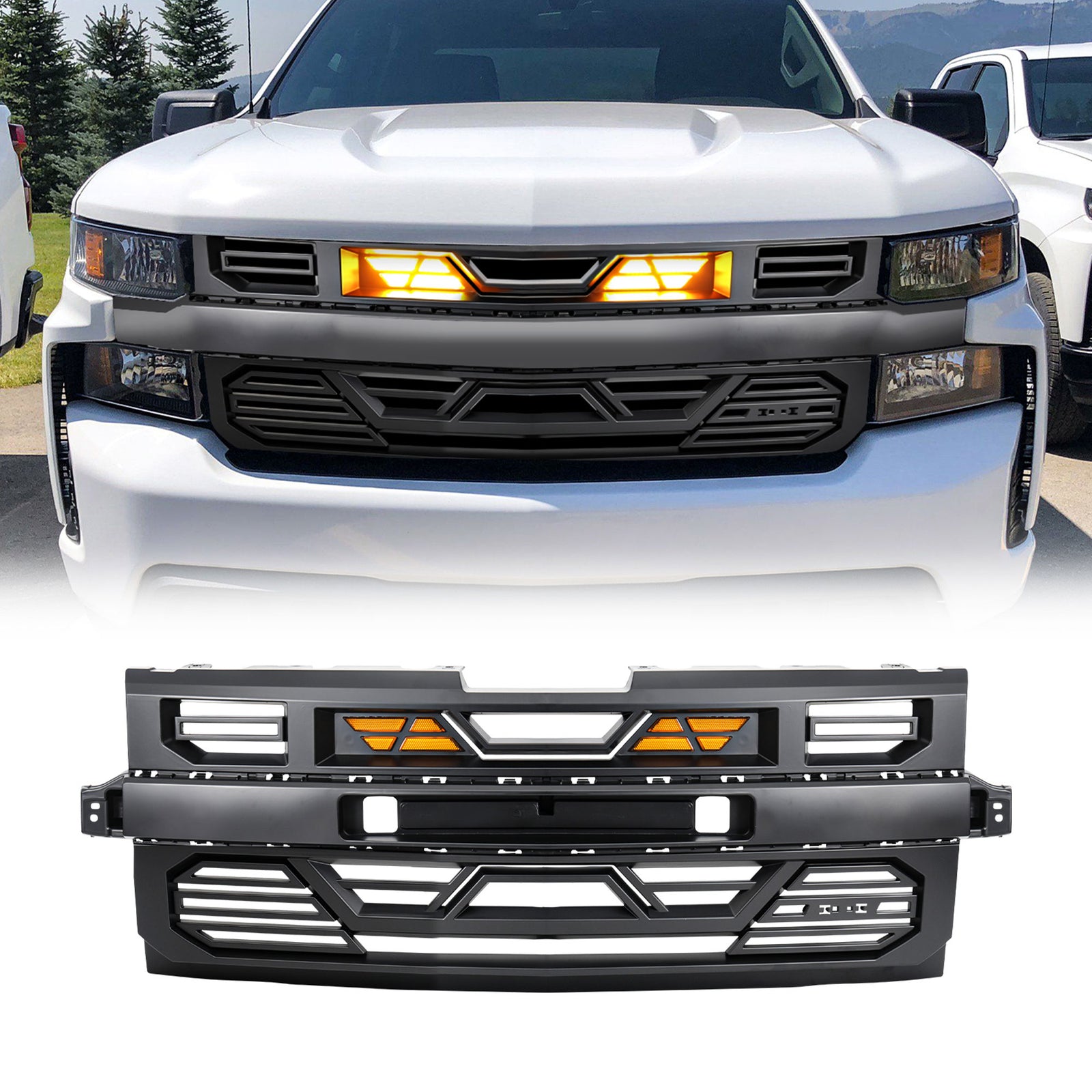 AMERICAN MODIFIED Grille w/Lights for 19-21 Chevy Silverado 1500, Matte Black - VMInnovations