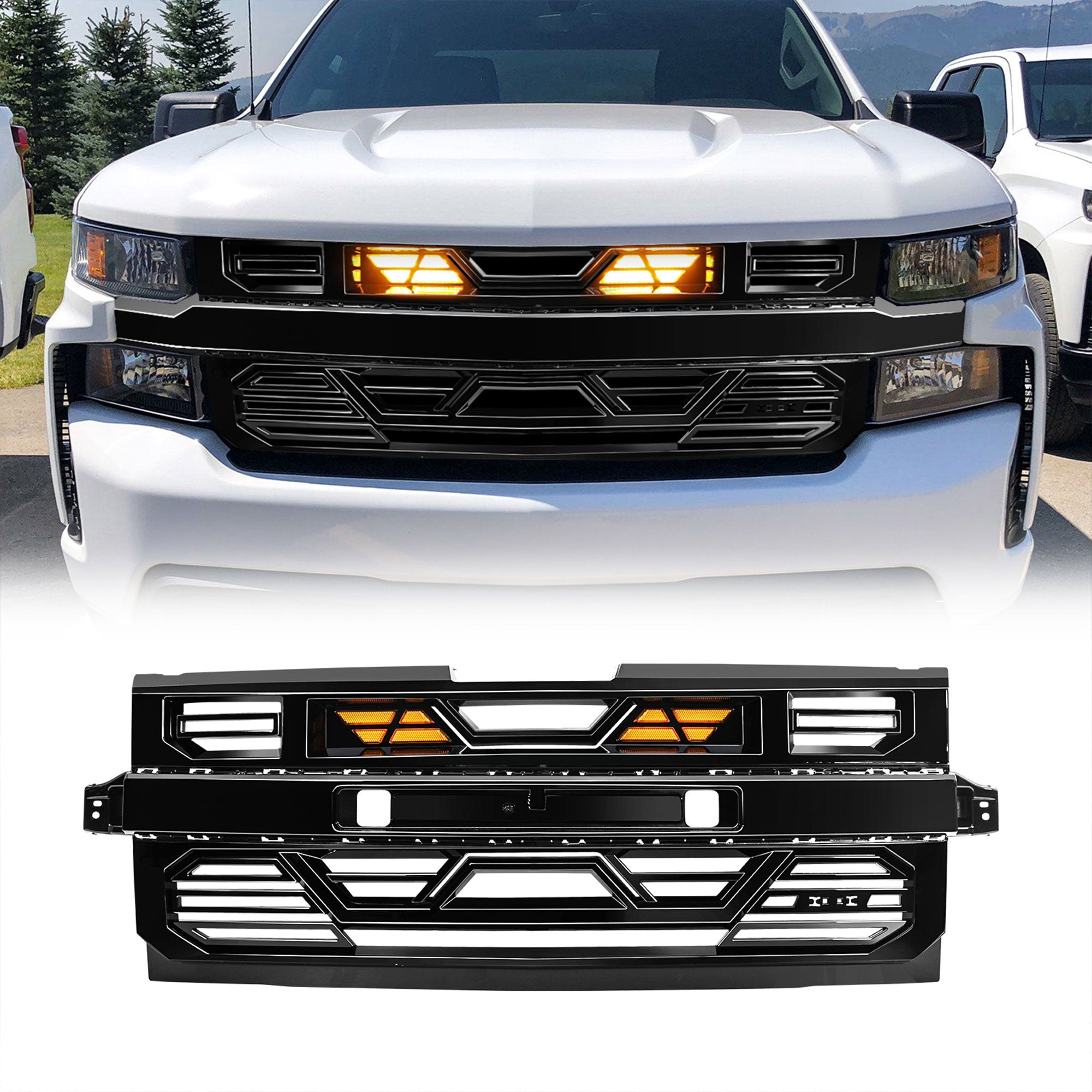 AMERICAN MODIFIED Grille w/Lights for 19-21 Chevy Silverado 1500, Glossy Black - VMInnovations