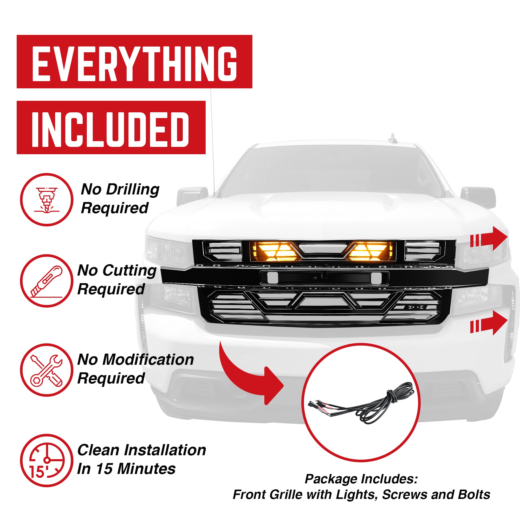 AMERICAN MODIFIED Grille w/Lights for 19-21 Chevy Silverado 1500, Glossy Black - VMInnovations