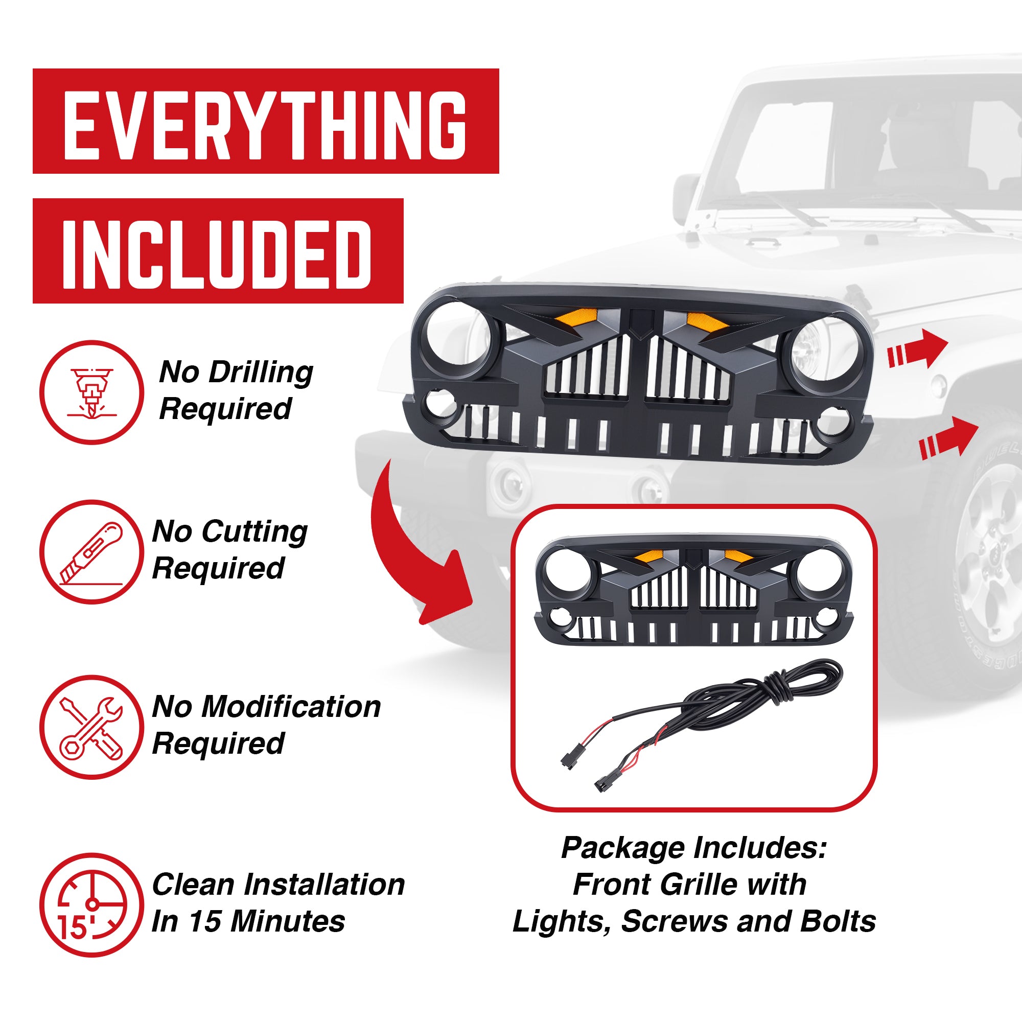 AMERICAN MODIFIED Grille 07-18 Jeep Wrangler JK w/Amber LED, Black (Open Box) - VMInnovations