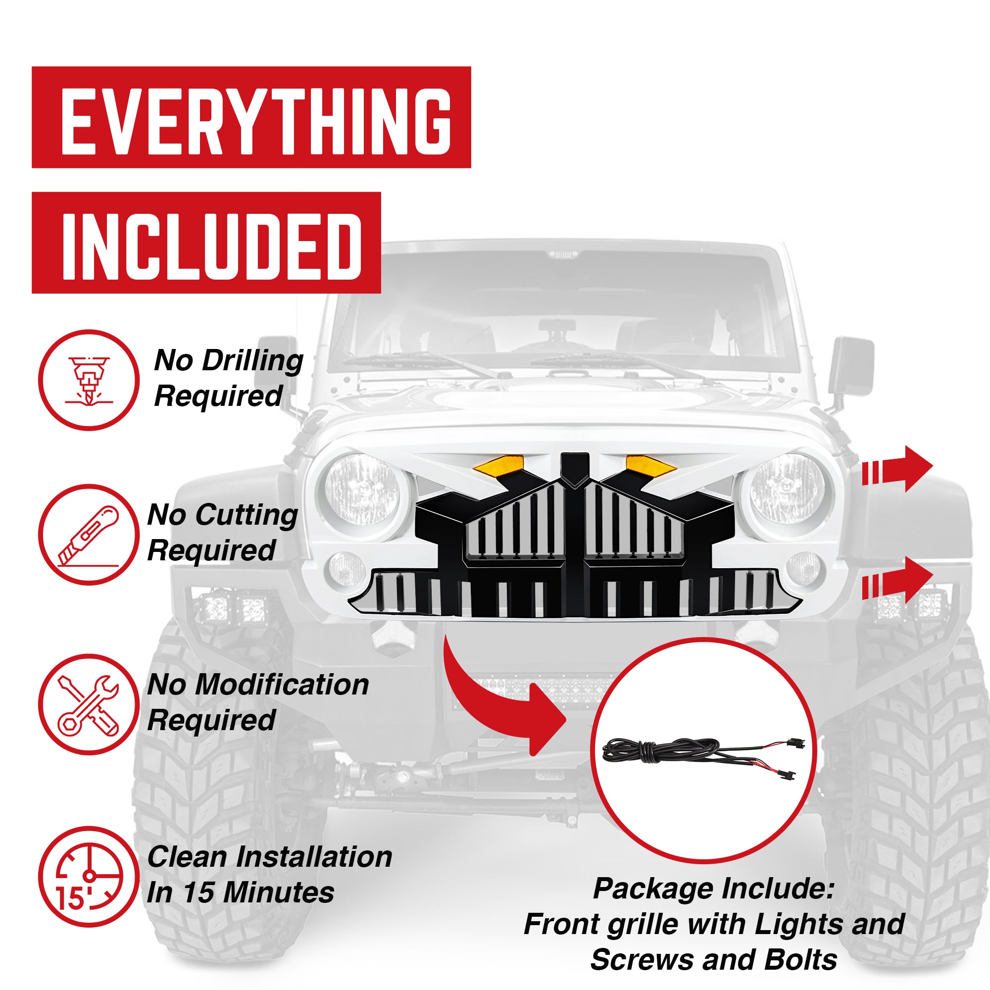 AMERICAN MODIFIED Empire Grille 07-18 Jeep Wrangler JK w/ Amber LED, White Black - VMInnovations