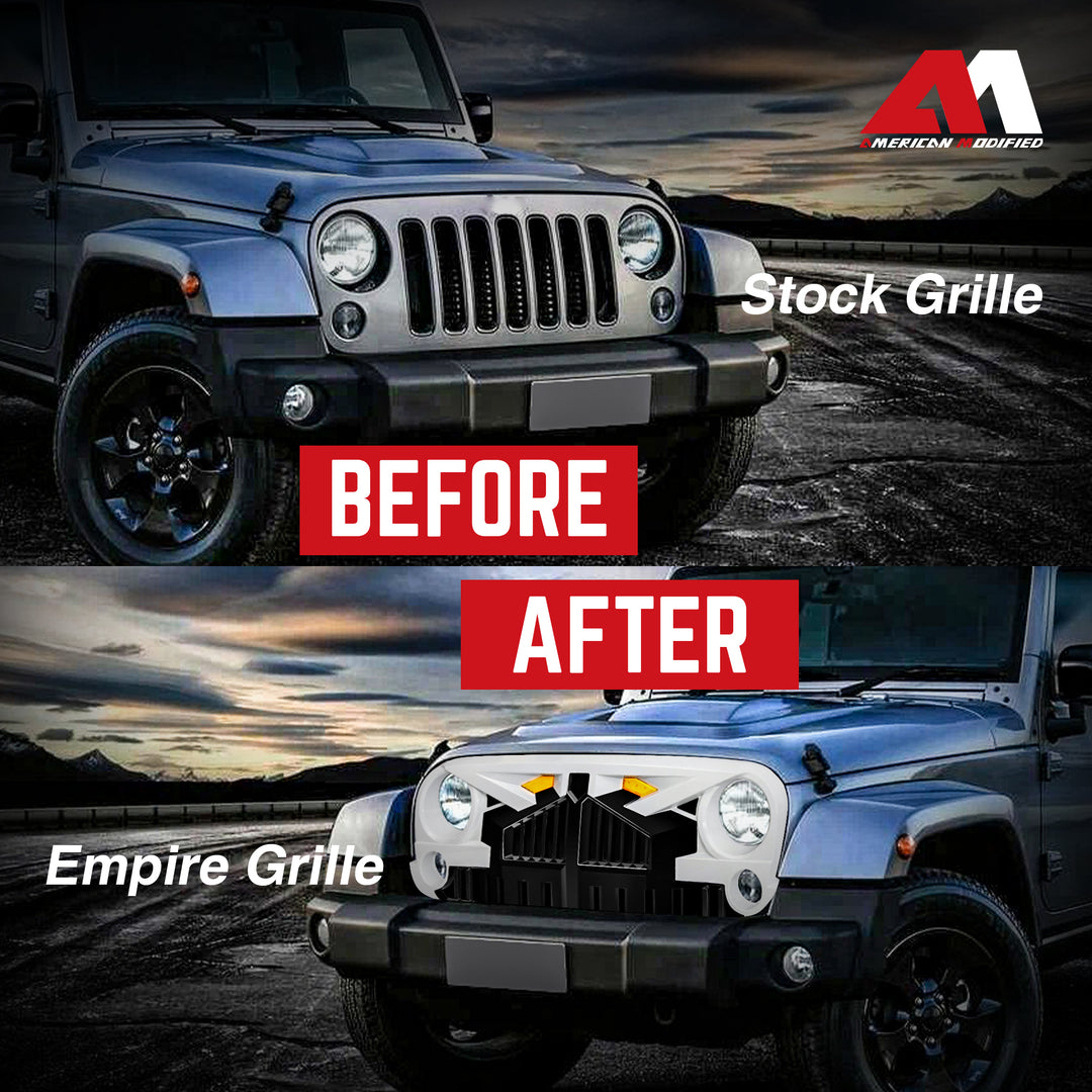AMERICAN MODIFIED Empire Grille 07-18 Jeep Wrangler JK w/ Amber LED, White Black - VMInnovations