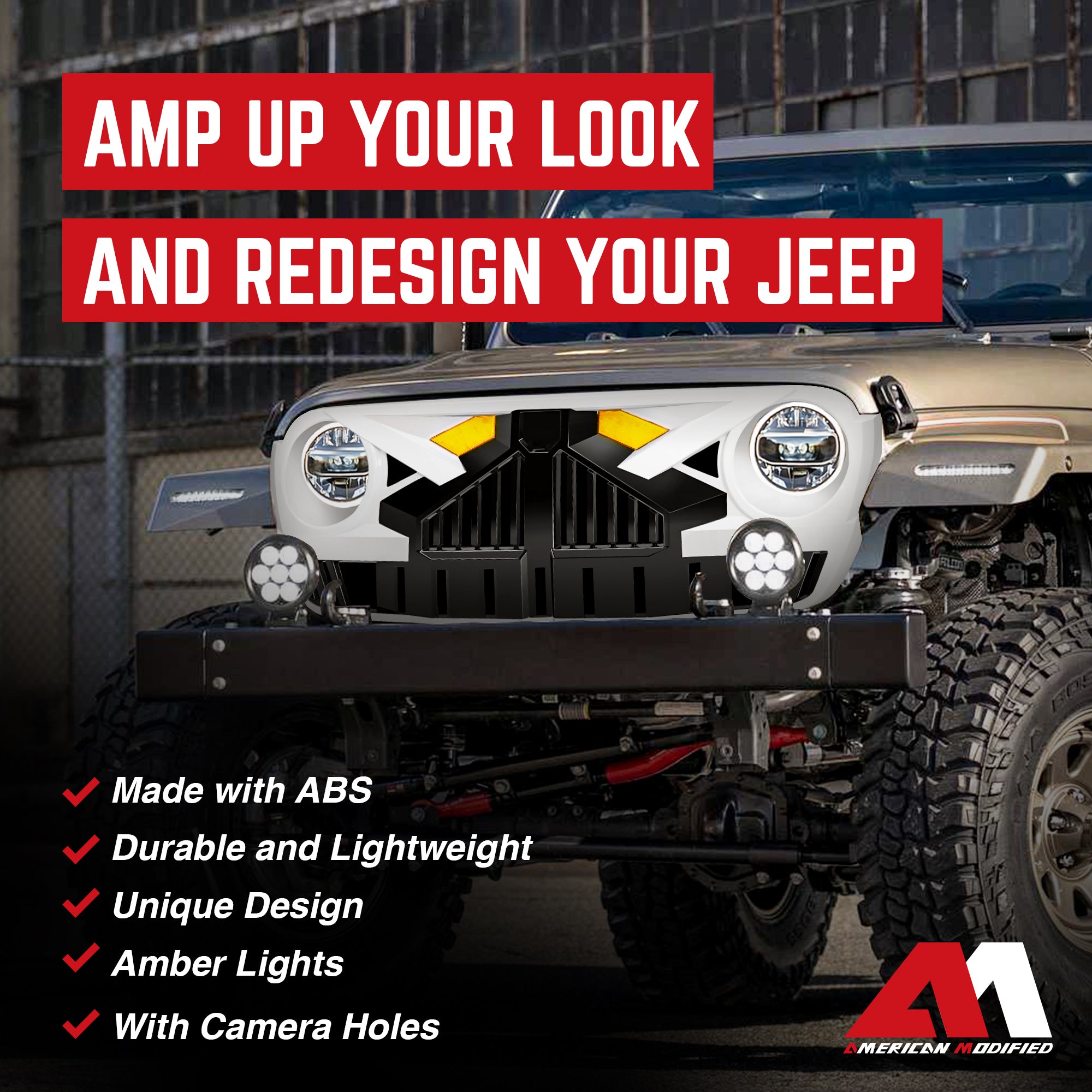 AMERICAN MODIFIED Grille for 2018+ Jeep Wrangler JL, 2020+ Gladiator JT w/Camera - VMInnovations